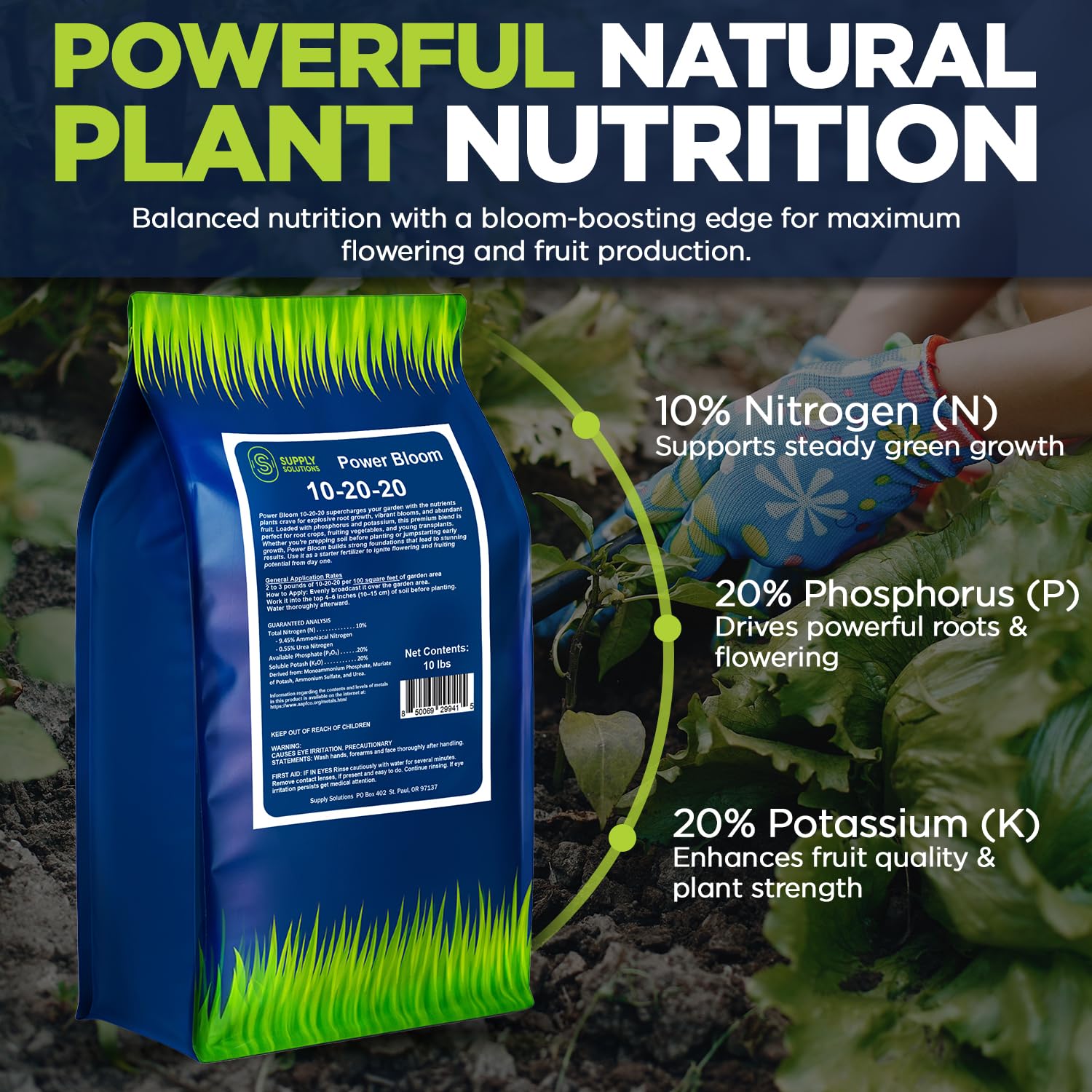 Supply Solutions | Power Bloom 10-20-20 Fertilizer | Bloom Booster Fertilizer for Flowers and Plants, High Phosphorus NPK Fertilizer for Vegetable Garden, Fruit Tree and Flower Fertilizer (10 Pounds)