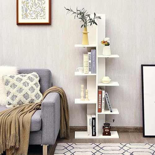 Estantería moderna, estantería geométrica con 8 estantes abiertos, estantes de madera para libros, estante de almacenamiento que ahorra espacio,