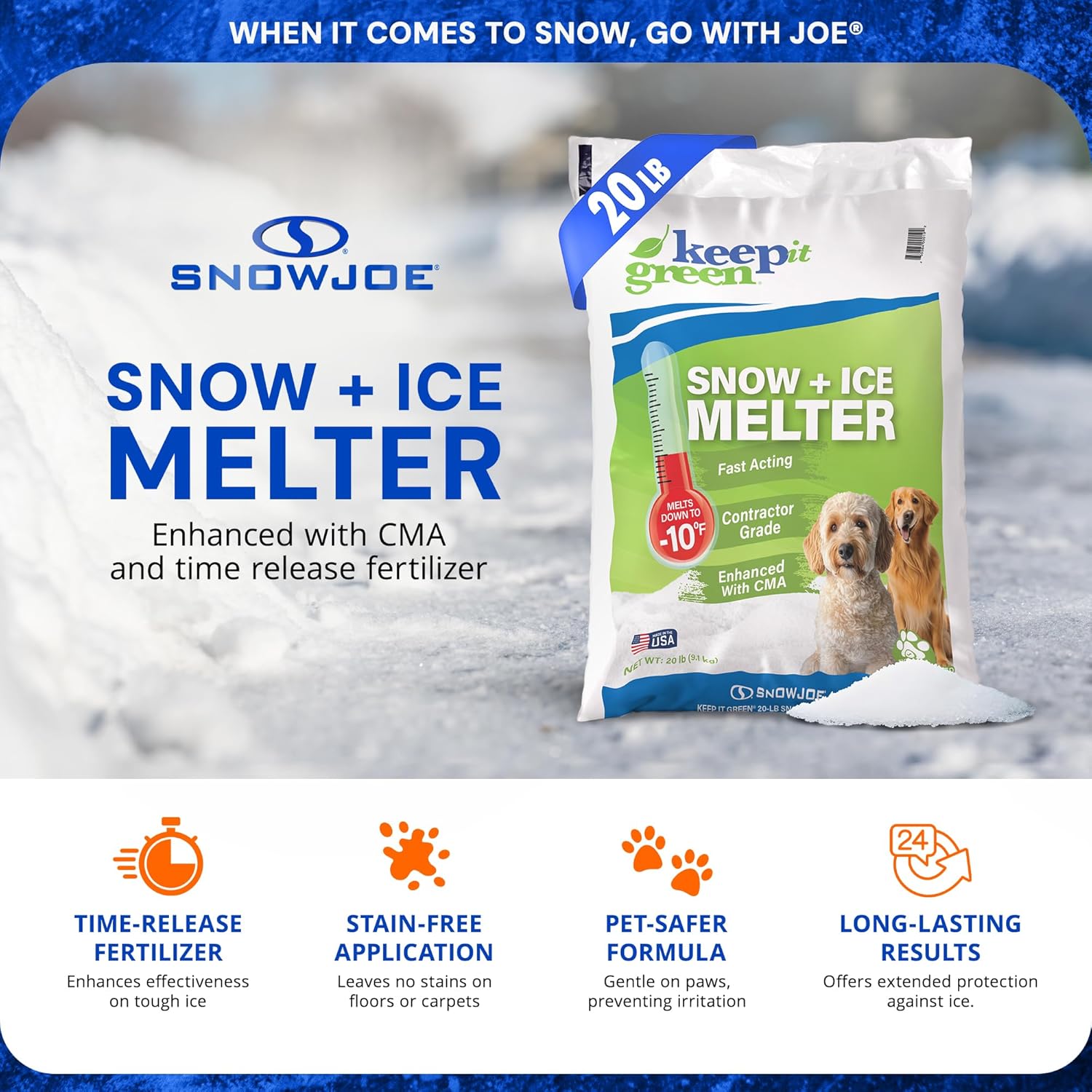 Snow Joe Keep It Green Snow-Melter Salt Pellets, Child- and Pet-Safe Ice Melt with Green Tint, Fast-Melting Formula, 20 Pounds