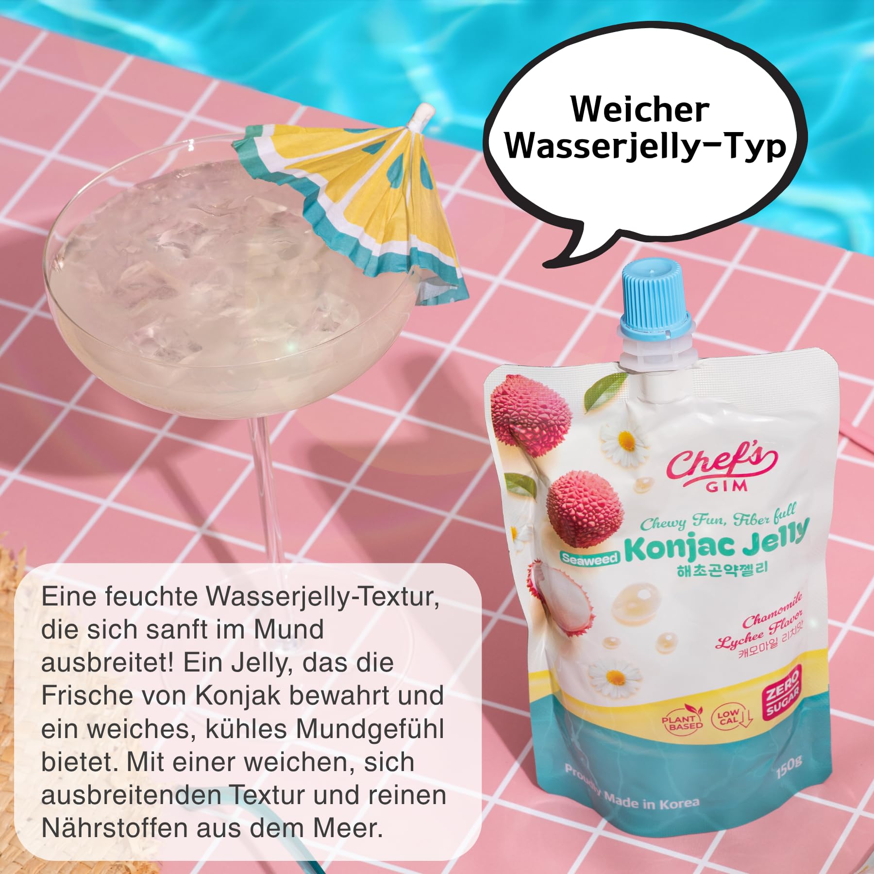 Chef’s Gim Konjak-Getränkegelee | 10er Set à 150g | Vegan, Kalorienarm, zuckerfrei & ballaststoffreich | 3 Sorten: Pfirsich-Schwarztee, Kamille-Litschi, Lavendel-Apfel-Mango (Kamille-Litschi)