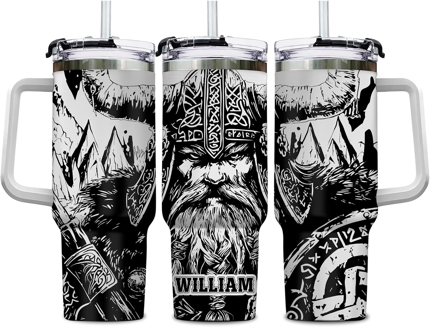 Hyturtle Personalized Viking Warrior 40oz Tumbler with Handle & Straw Gifts For Men, Father's Day Birthday Christmas Gift, Viking Gift for Dad Husband, Custom Name Stainless Steel Travel Cup With Lid