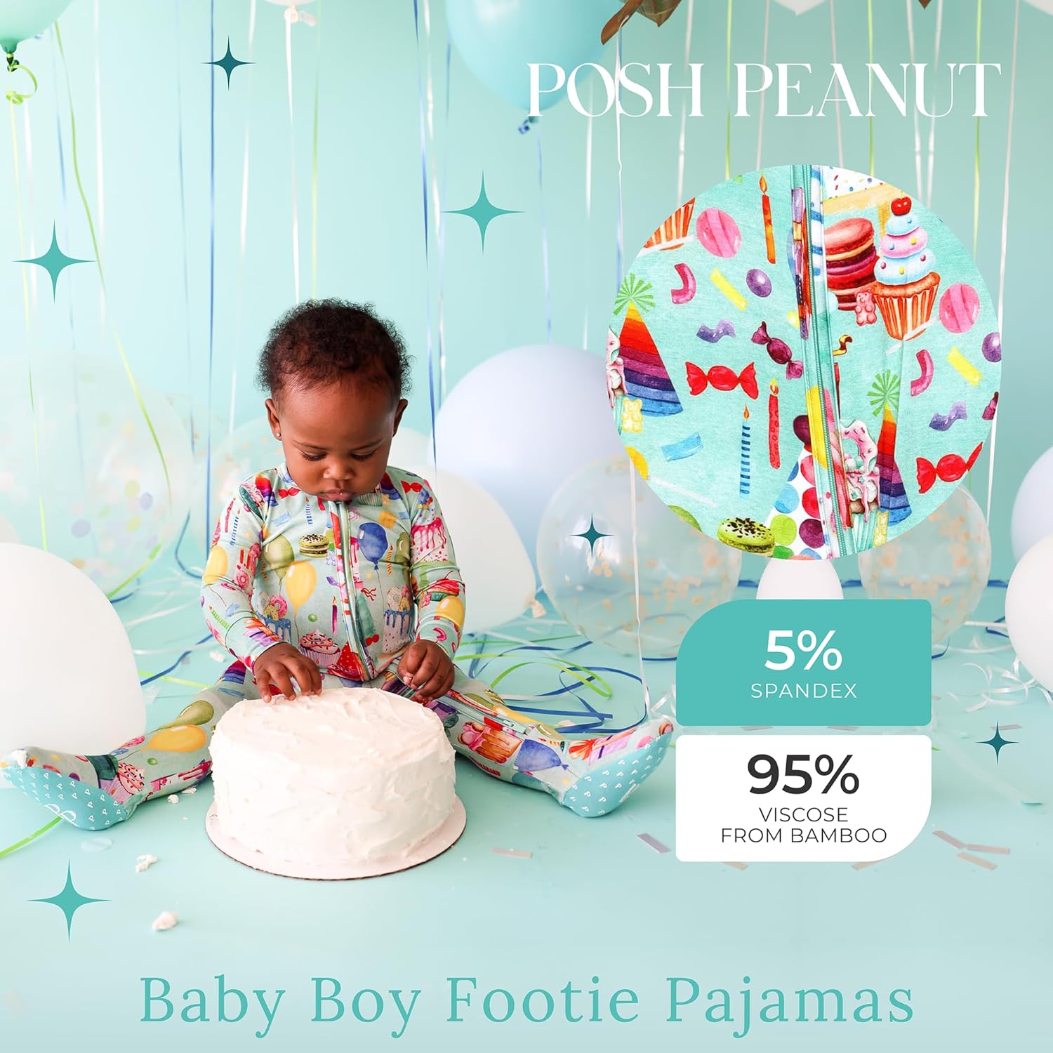 Posh Peanut Baby Boy Footie Pajamas - Soft Viscose Derived from Bamboo 2 Way Zipper Sleepers & Onesies with Non-SlipGrips for Newborns to Toddlers (Newborn) Happy Birthday