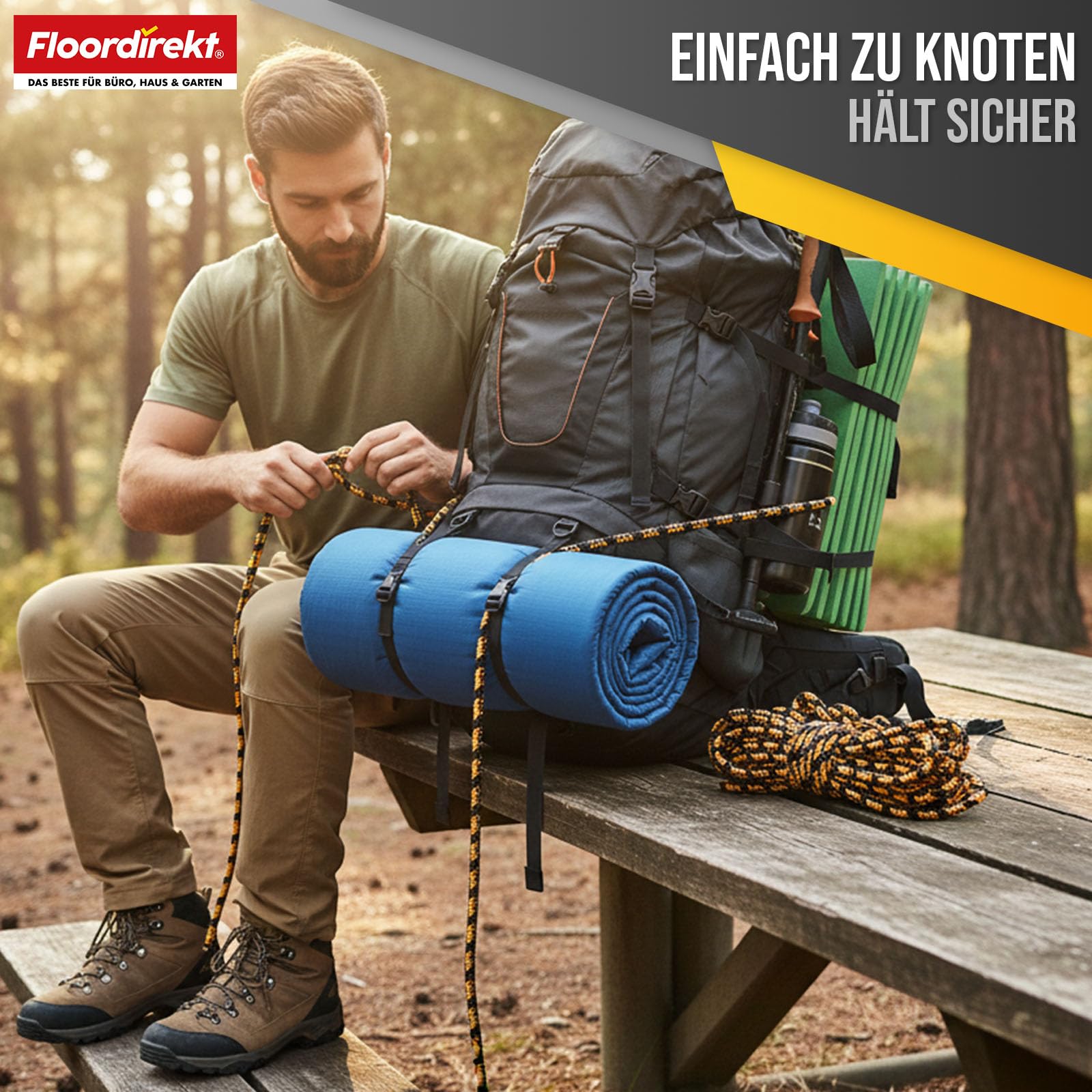 Floordirekt Polypropylen Seil K2 – 20mm 30m schwarz-orange, UV-beständig & wetterfest – strapazierfähiges PP-Seil für Garten, Camping, Boot & Landwirtschaft