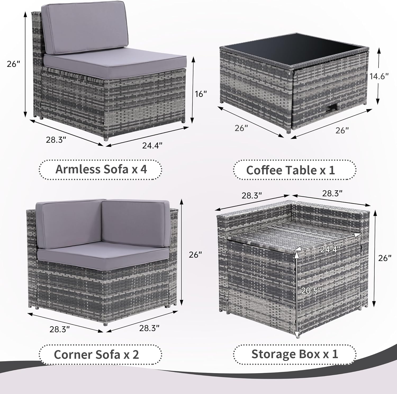 Diagram showing dimensions of armless sofa, corner sofa, coffee table, and storage box.