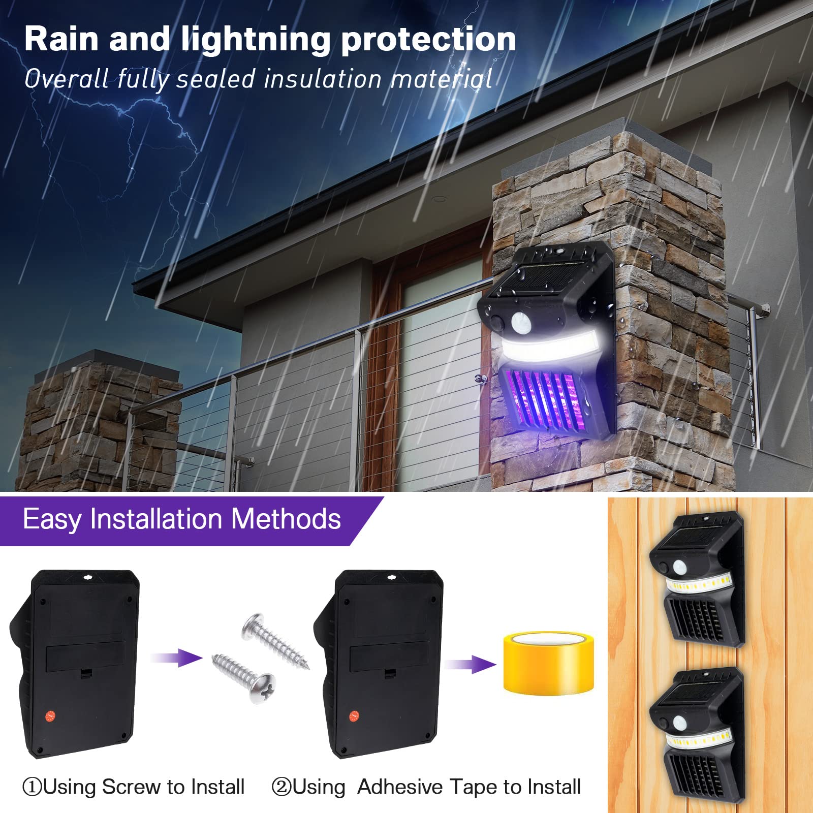 8 paquetes de matamosquitos 3 en 1 para exteriores, matamosquitos solar, luz LED eléctrica, lámpara matamosquitos con sensor de movimiento para exteriores, patio, campamento