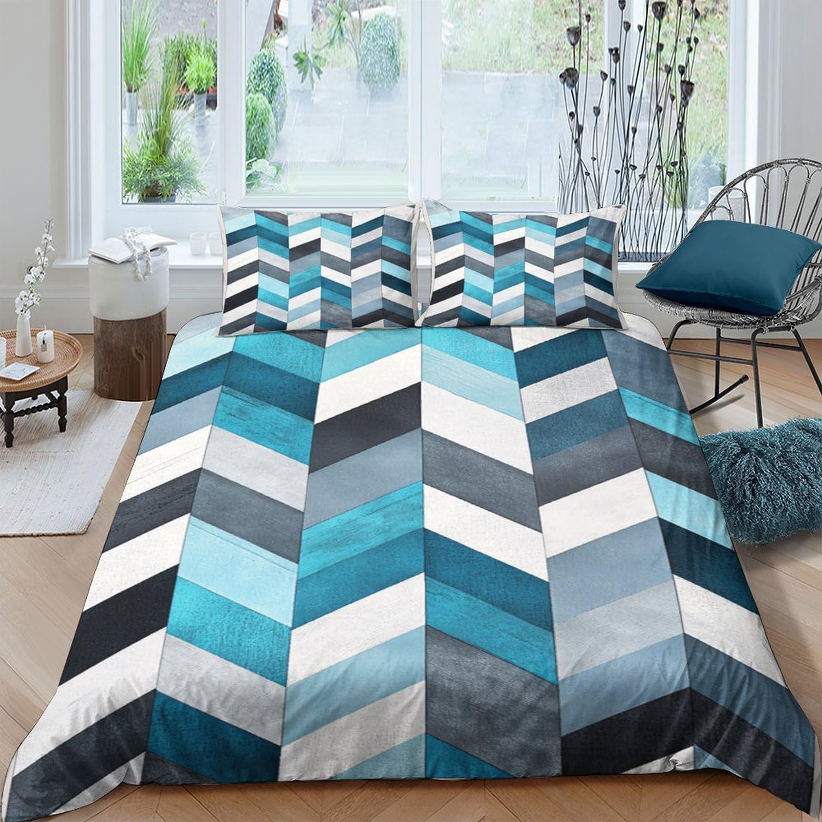 Ctjqhvkz Style-6 3D Printed Geometric Chevron Fitted Sheet Microfiber Blue Grey Mattress Cover For Bedroom Dorm Decor Dustproof Single（135X200cm）