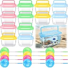 24 Pcs Plastic Fish Bowls with Ventilated Lids and Fishing Nets Bulk Set Include 12 Fish Bowl with Handle and 12 Fishing Nets for Collecting Fishes Crabs Sea Creatures for Summer Beach Party Favors