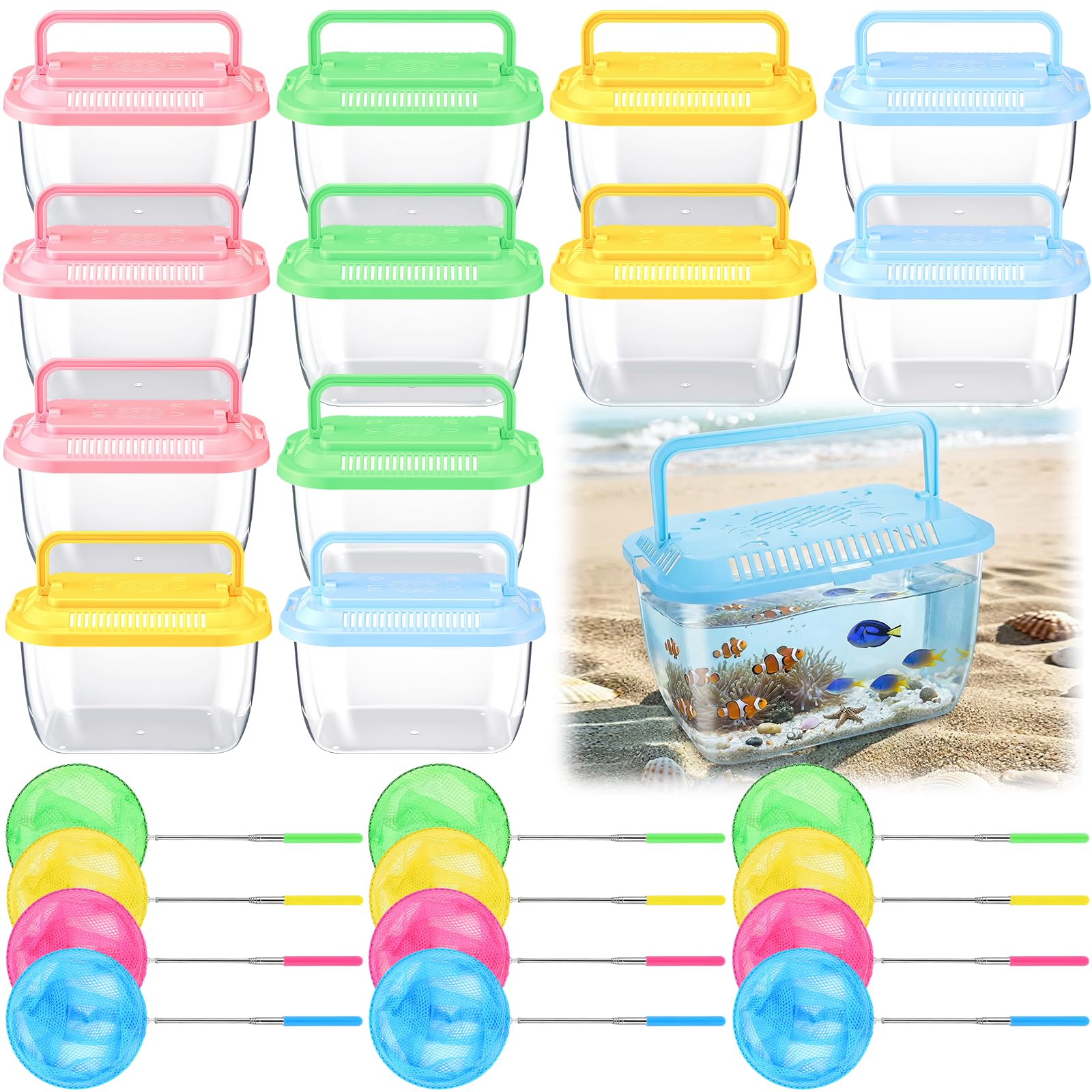 Set da 12 ciotole per pesci e reti da pesca, 12 set di piccole ciotole in plastica trasparente con coperchi ventilati e reti da pesca, bomboniere per feste estive all'aperto, regali per