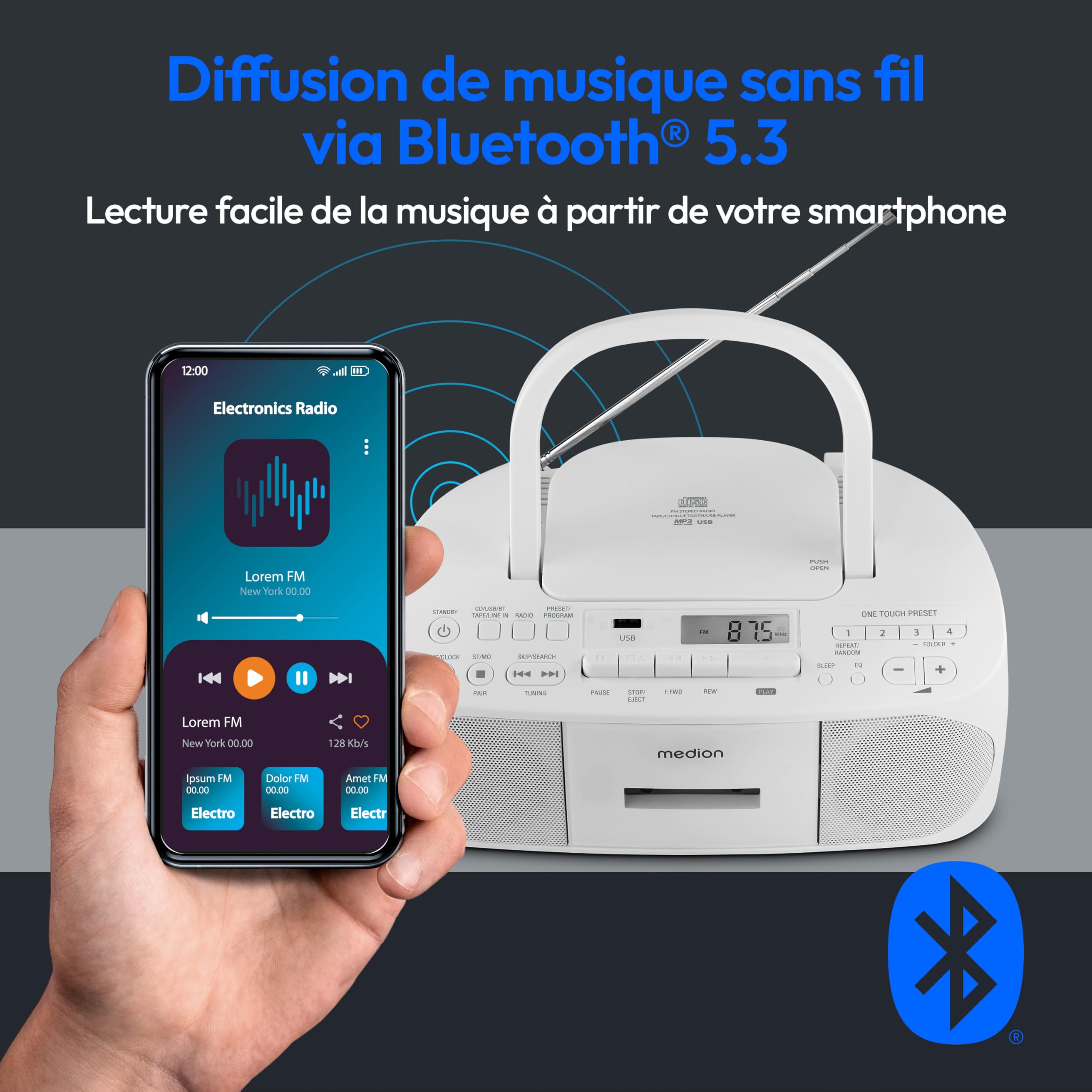 MEDION Radio Stéréo E65010 Lecteur CD Cassette USB AUX MP3 FM PLL 40 Stations Batterie Télécommande Blanc