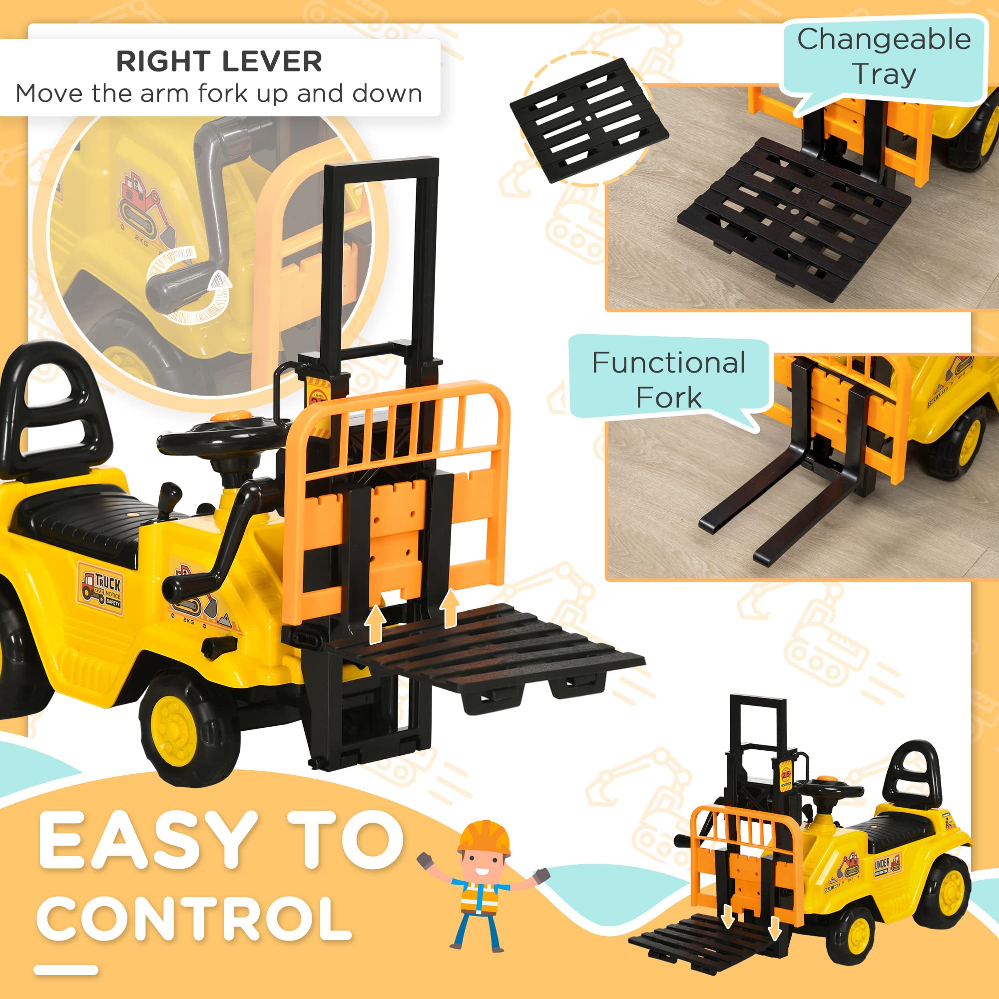 HOMCOM Traktor für Kinder von 3-4 Jahren mit Gabelstapler, Knopf für Geräusche und versteckter Stauraum, aus PP und ABS, 86 x 27,5 x 47,5 cm, Gelb und Schwarz