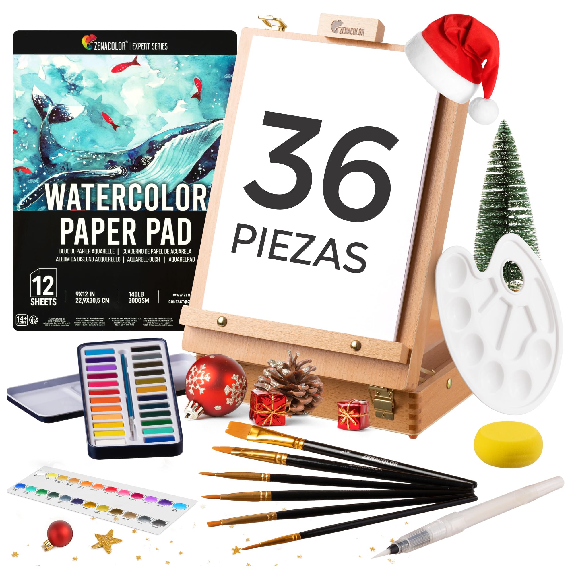 Set de pintura de acuarelas (36 piezas) Zenacolor - Kit acuarelas profesionales : caja de almacenamiento y caballete 2 en 1, kit de paleta de acuarela 24 colores, 6 pinceles, 1 cuaderno y accesorios