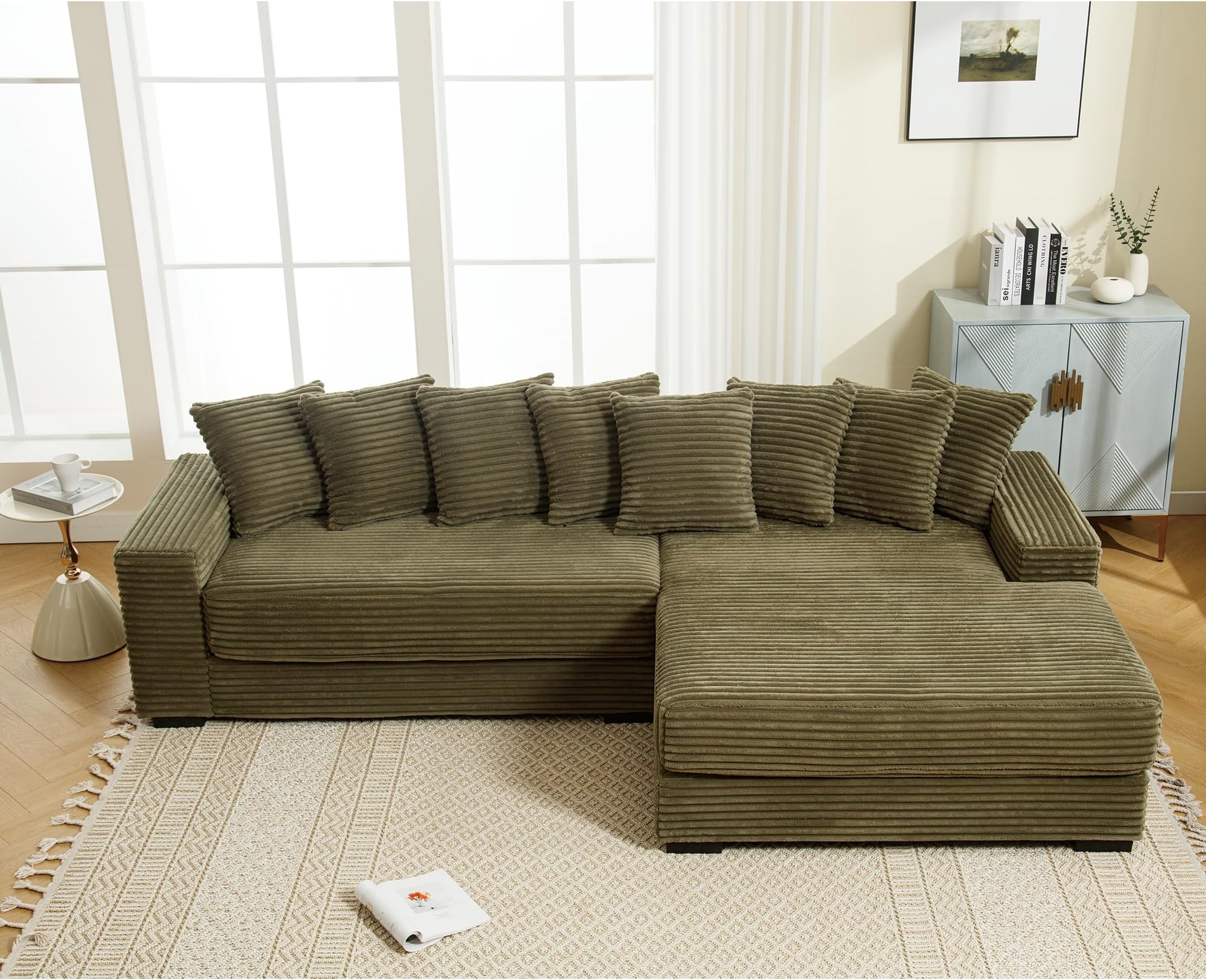 WILLIAMSPACE 111" Sectional Sofa Couch for Living Room, Modern Upholstered L-Shape 3 Seater Sofa Couch with Chaise & Pillows, Contemporary Corner Sofa for Apartment, Corduroy (Right-Facing,Green)