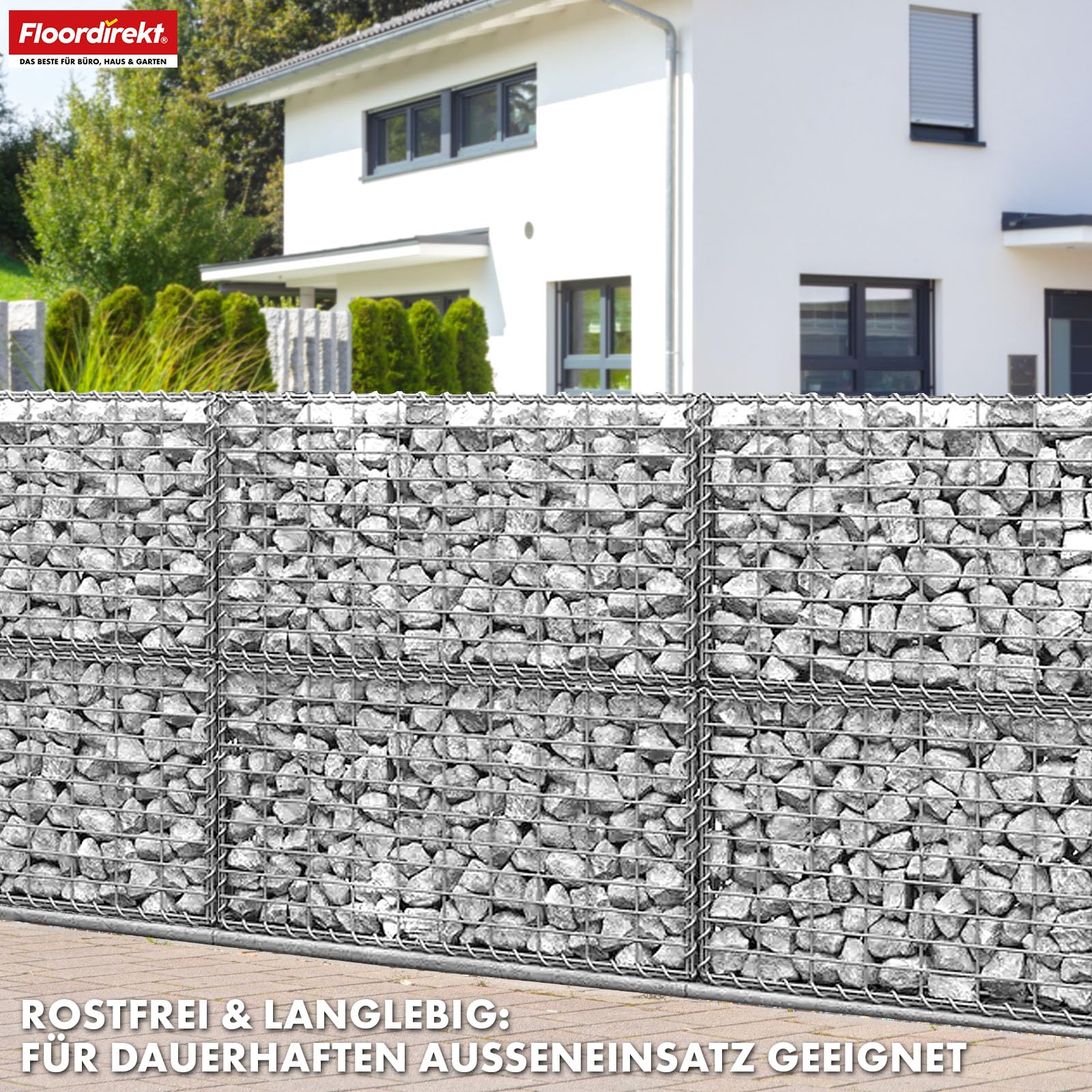 Floordirekt Gabione, Steinkorb aus Metall, 100x90x30 cm verzinkter Drahtkorb mit Maschenweite 5 x 10 cm, Steinmauer als Gartenzaun, Gabionengitter als Sichtschutz, Lenox