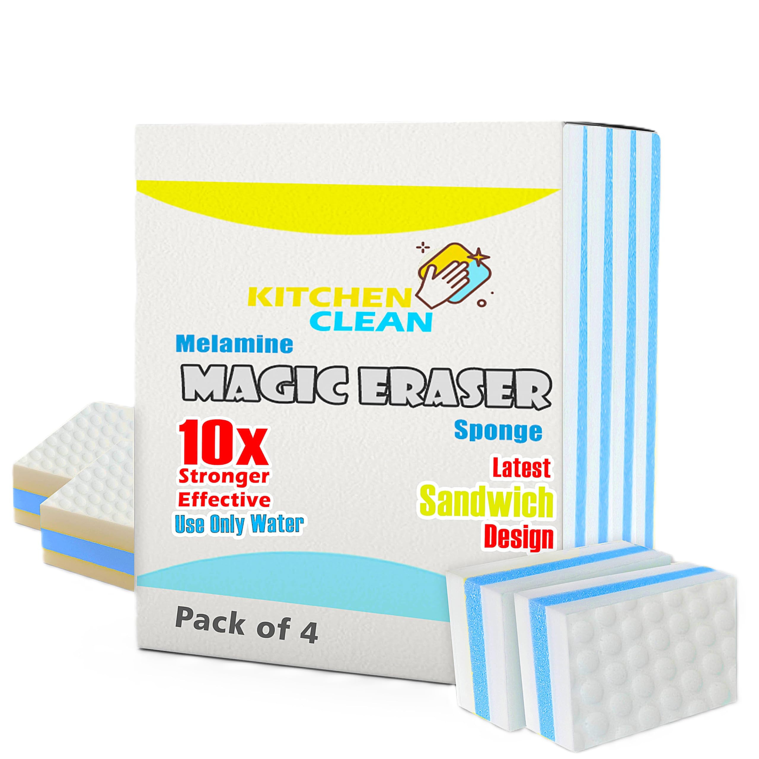 Kitchen CleanMagic Eraser Cleaning Sponge for Kitchen Home | Magic Eraser Sponge for Wall, Wall Marks Remover, Kitchen Tiles, Taps, Stove Stain Cleaning Magic Eraser Sponge (Pack of 4)