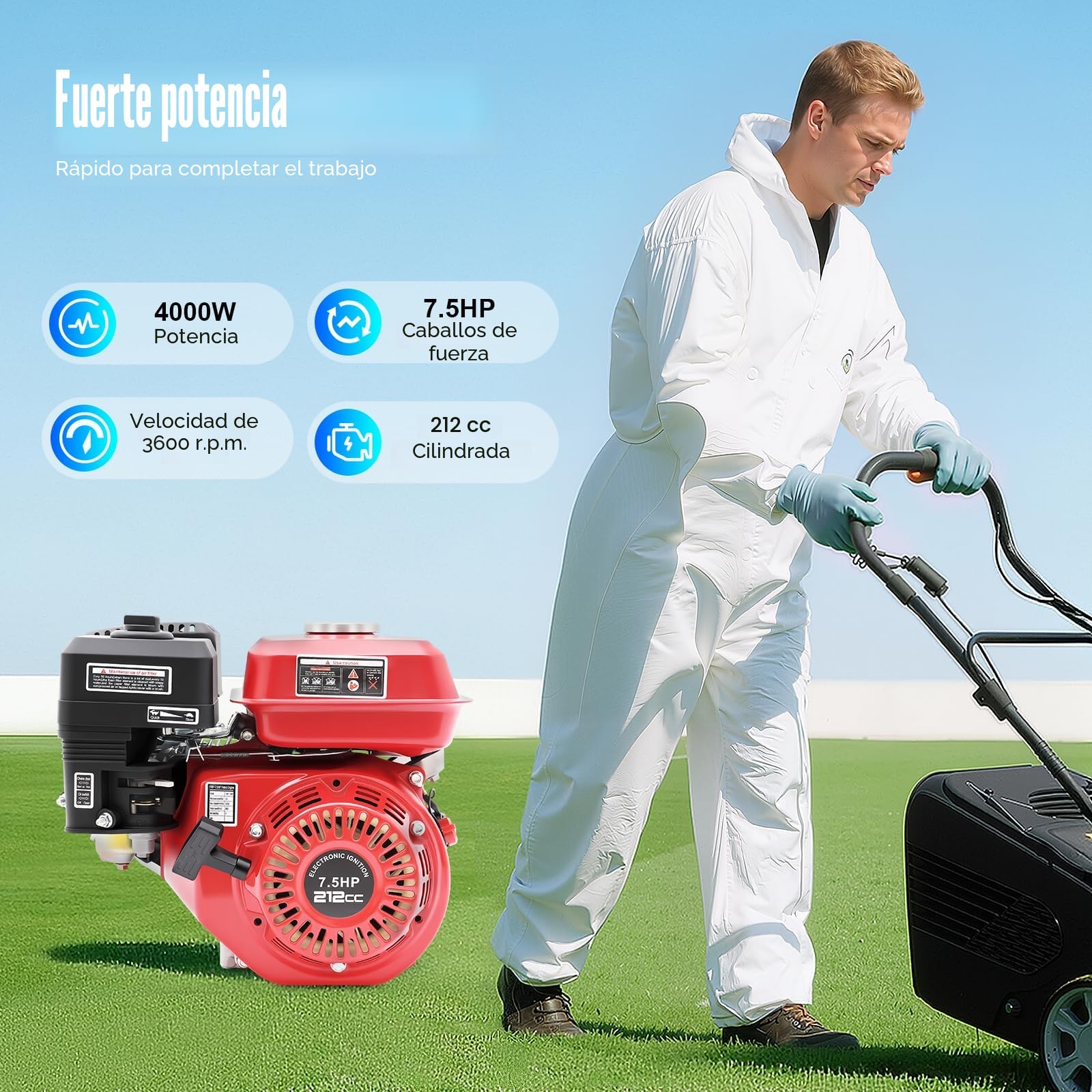 Motor de Gasolina 7.5CV 4 Tiempos OHV 212cc 4000W Monocilíndrico | Refrigerado por Aire 3600 RPM Torque 12N.m Arranque Manual con Alarma Aceite para Kart Maquinaria Agrícola Generador Bomba