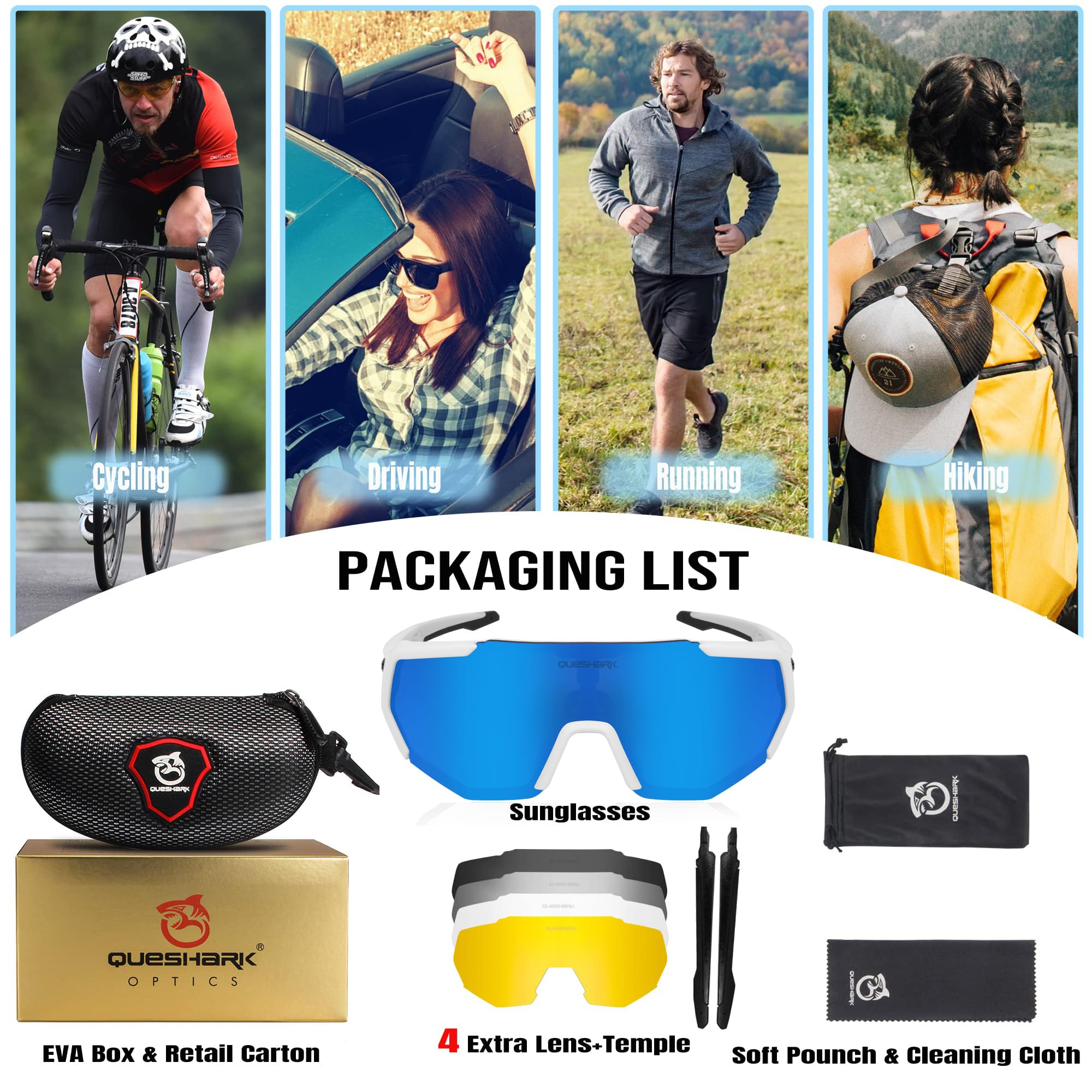 Queshark Polarizzati Anti-UV Occhiali da Ciclismo Bici MTB Intercambiabili per Sport Uomo Donna Guida Pesca Golf Baseball Corsa