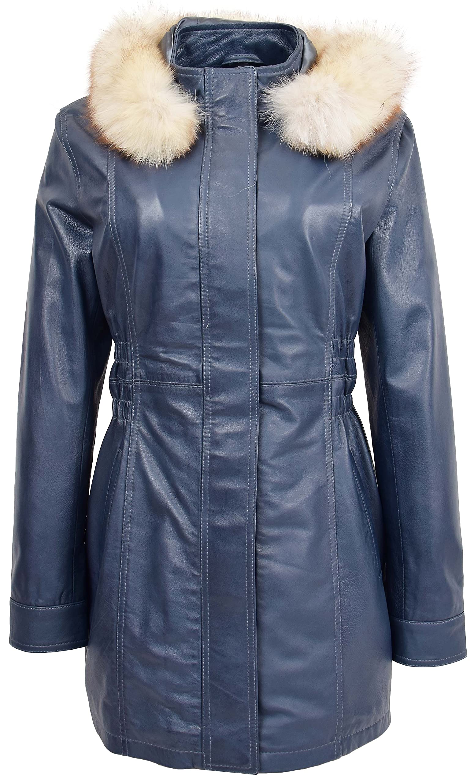 Womens Real Leather Coat Detachable Hoodie Parka Kathy (20, Blue)