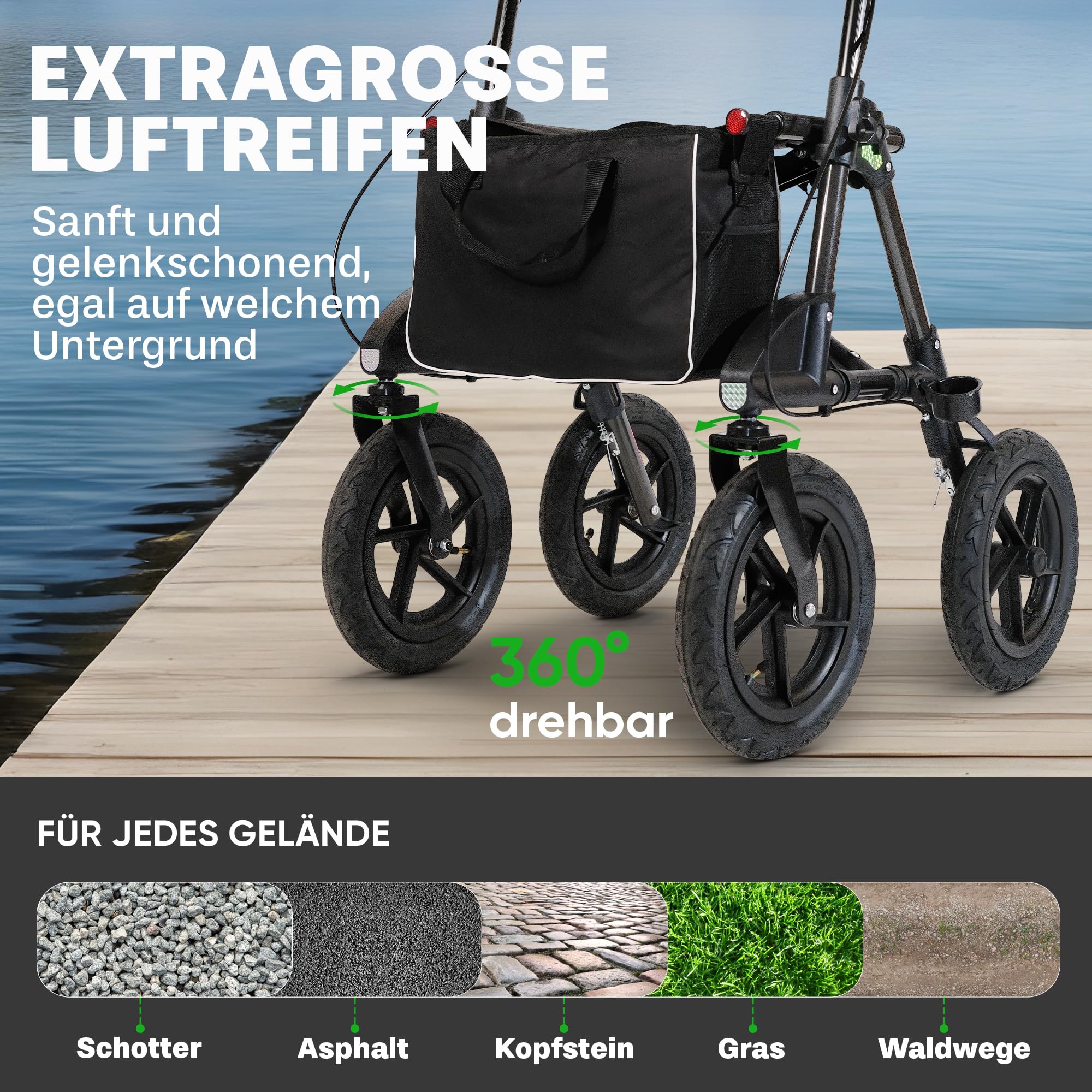 Rollator mit Luftbereifung (30 cm) bequemem Sitz und Lehne - robust leicht und faltbar. Der ideale Geländerollator für draußen in Titanschwarz