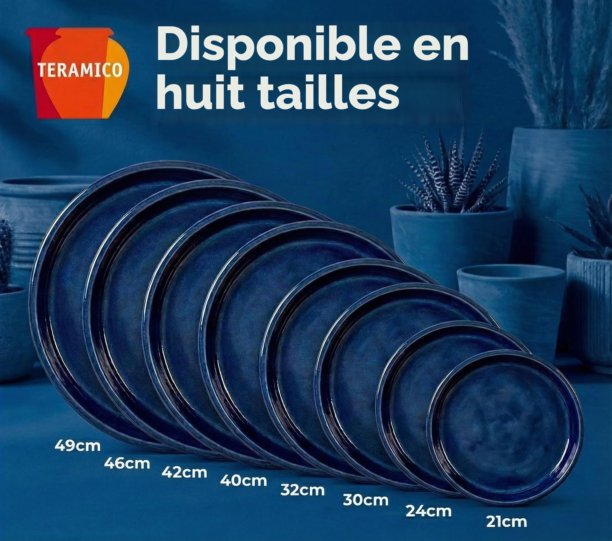 teramico Abreuvoir pour Oiseaux/Assiettes/Soucoupe pour Pots de Fleurs en grès émaillé en grès Bleu, Blanc, Anthracite, 24 cm à 42 cm, résistant au Gel (40 cm, Bleu Roi)