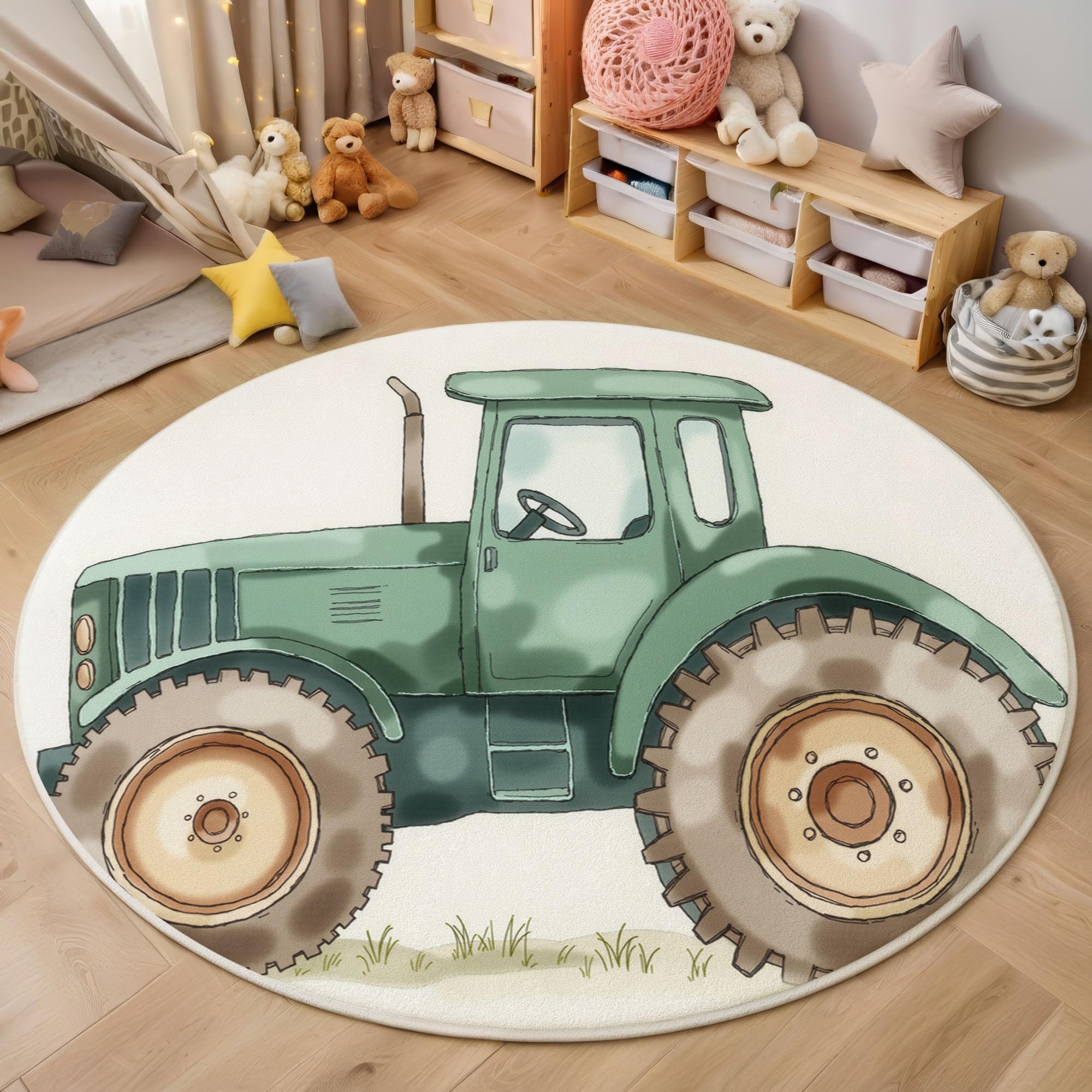 Waschbarer Teppich Rund Grün 100cm,Cartoon Traktor Teppiche Schlafzimmer - Kurzflor Aquarell Pastoral Runder Teppich Mit Rutschfester Unterseite Für Wohnzimmer Küche Kinderzimmer