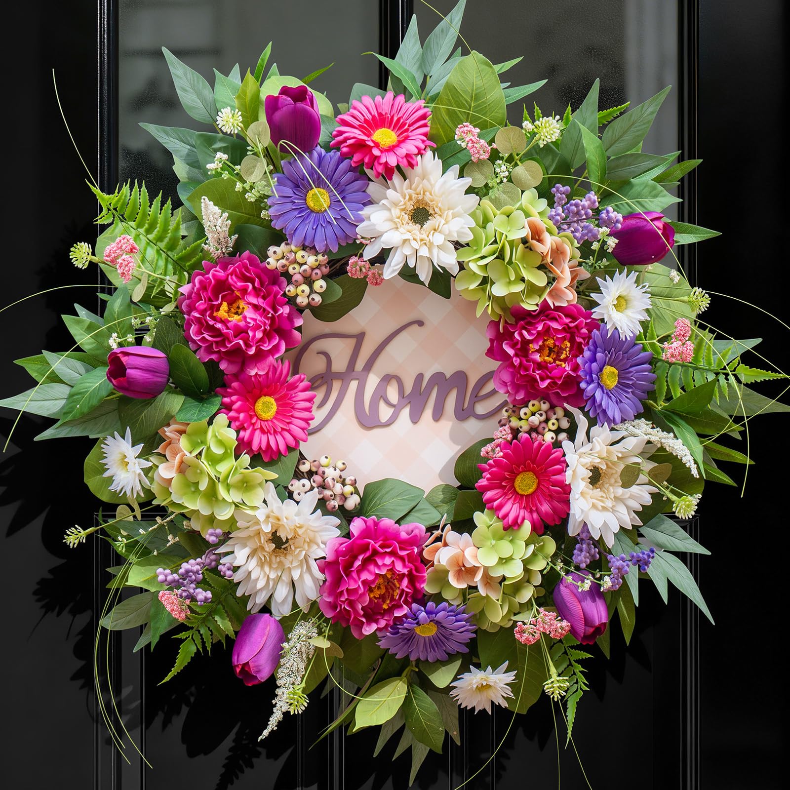 Photo 1 of Spring Wreaths for Front Door- 24Inch Summer Wreaths with DIY Wooden Home Sign, Artificial Hydrangea, Peony, Tulip & Gerbera Flowers, Spring and Summer Door Wreaths for Indoor Outdoor Decor