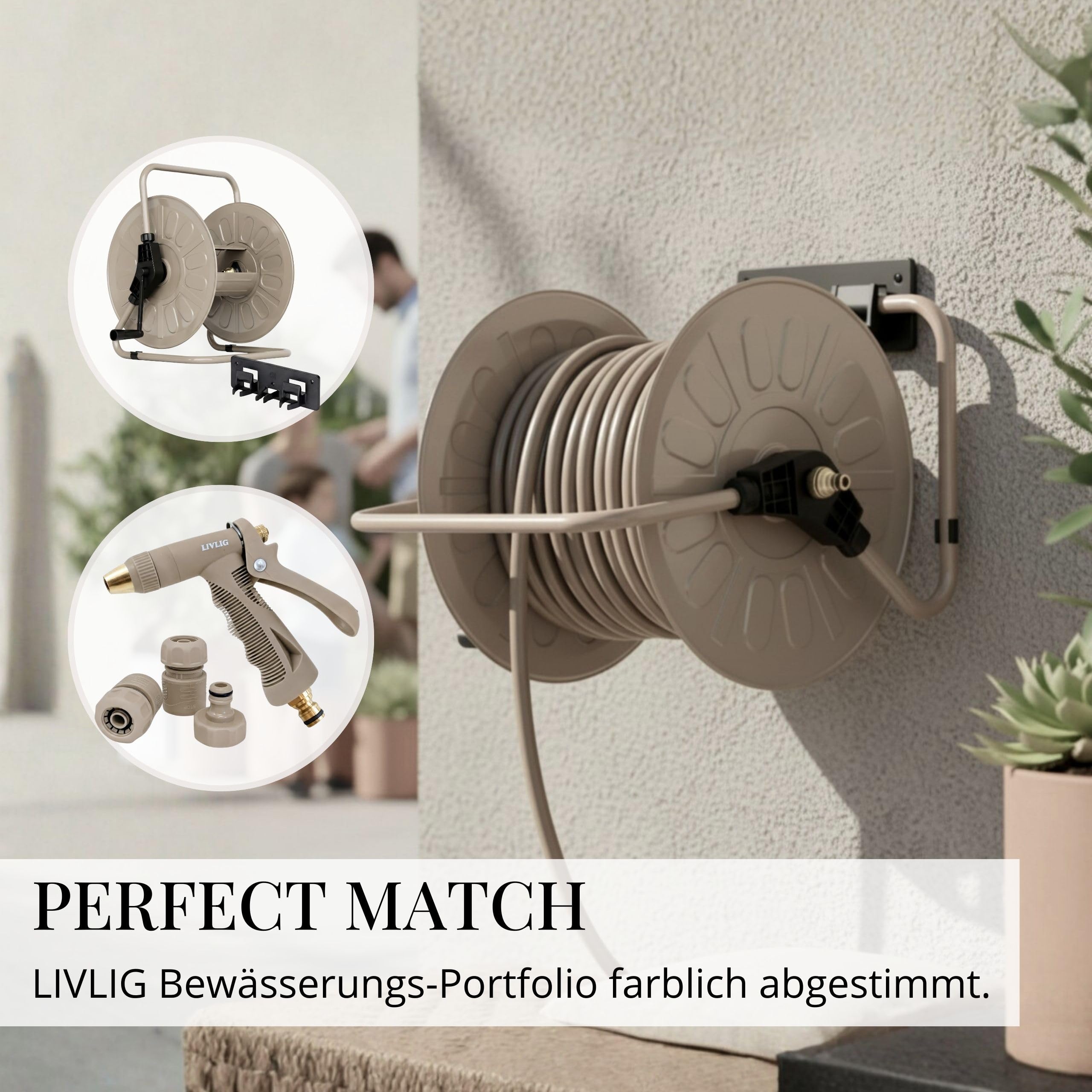 LIVLIG Gartenschlauch 50m, Flexibler Premium Wasserschlauch aus 60 Prozent Recyclingmaterial, UV beständig, knickfest, Design Gartenschlauch 1/2 Zoll, Beige