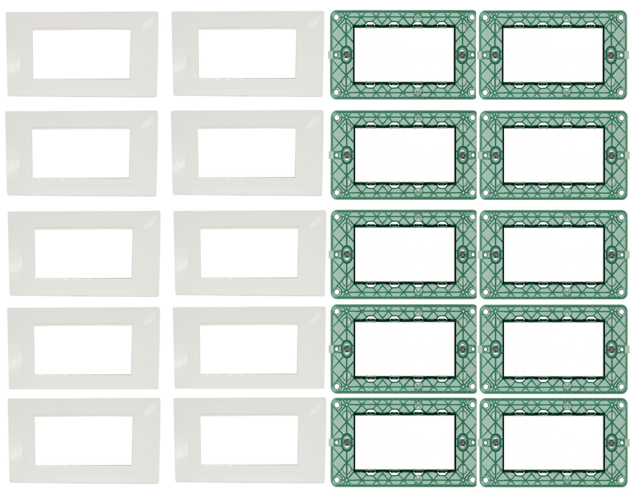 Kit 20 Pezzi – 10 Supporti + 10 Placche 4 Posti Compatibili con Serie Vimar Plana – Colore Bianco