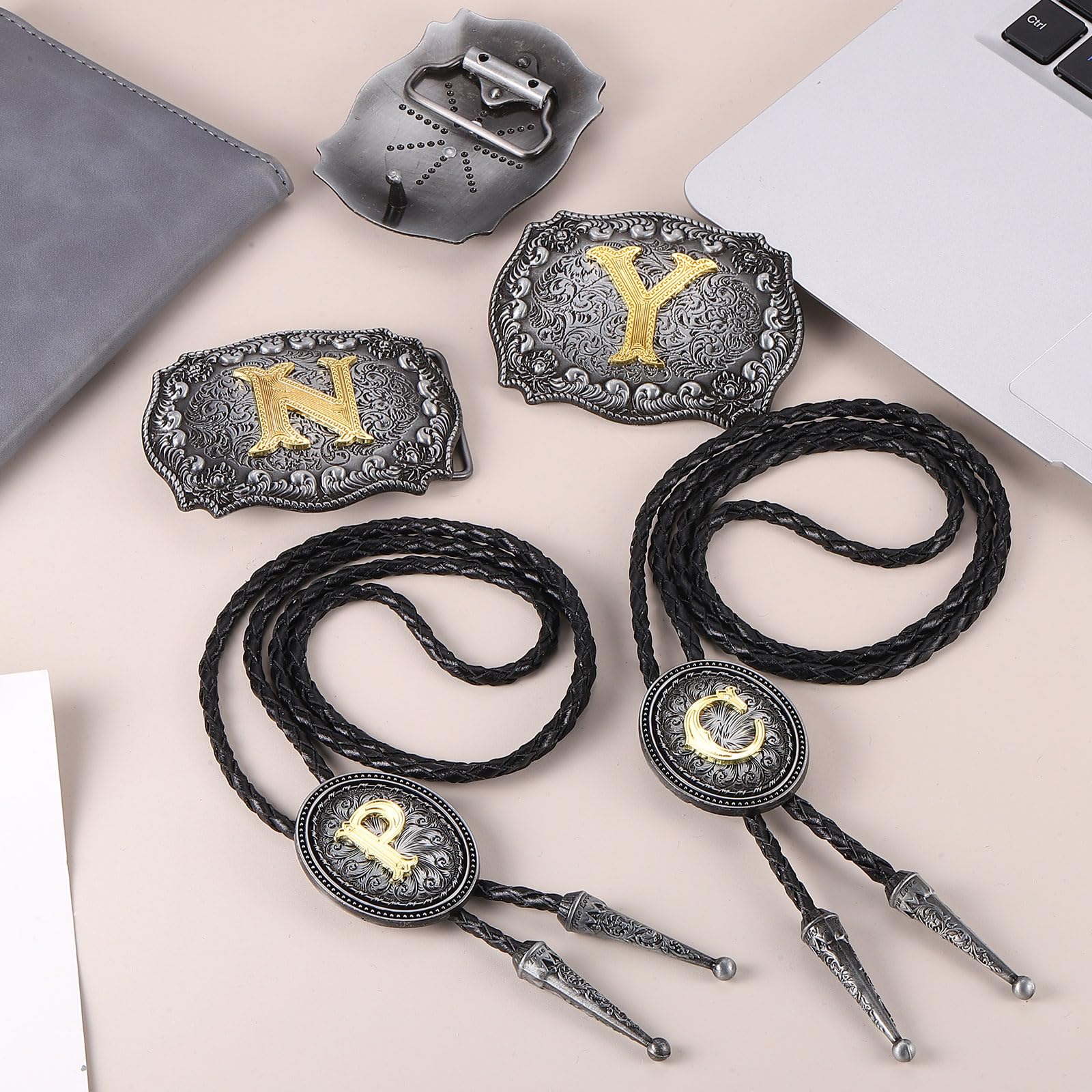 QUARKZMAN 2 Pcs Western Cowboy Bolo Tie And Belt Buckle Set Golden Initial Letter M Cowhide Rope Necktie For Women Men Costume Traditional Vintage Accessories, Grey Black/Gold
