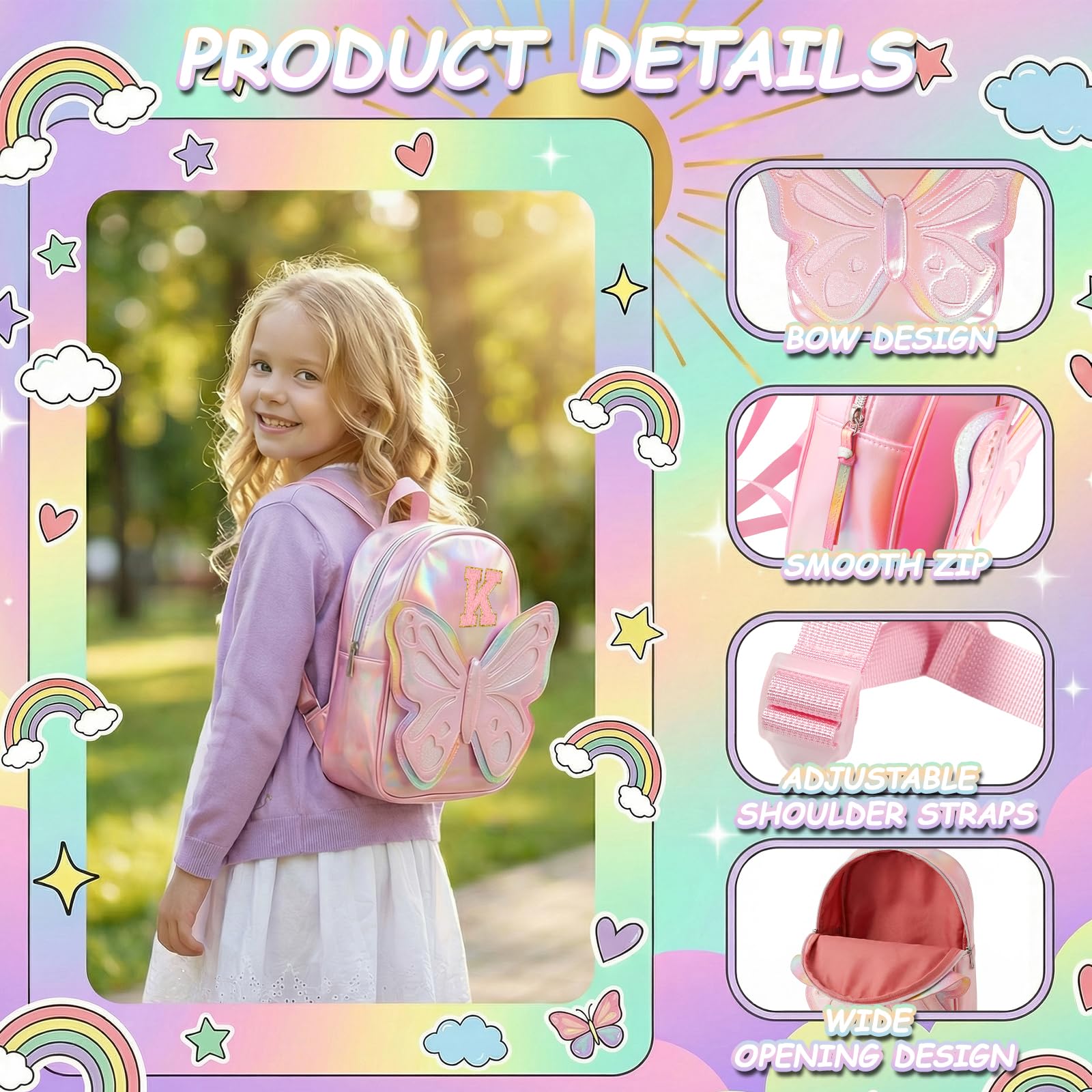 Mini zaino per ragazze, zaino per bambini con fiocco laser arcobaleno, borsa con iniziale personalizzata per ragazze adolescenti, borsa per asilo, regalo di compleanno per ragazze di 2-10 anni
