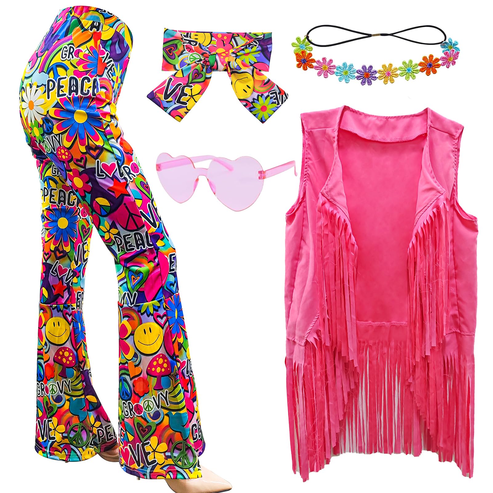 5 Stück 60er 70er Jahre Hippie Kostüm Disco Outfits Fransenweste Boho Schlaghosen Frieden Zubehör Set Halloween für Frauen Karnevalskostüm