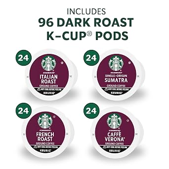 Starbucks K-Cup Coffee Pods, Dark Roast Hot or Iced Coffee, Variety Pack, 96 Keurig Pods | 100% Arabica K-Cup pods for Keurig brewers; assorted Dark Roast variety pack; 1 box, 96 pods