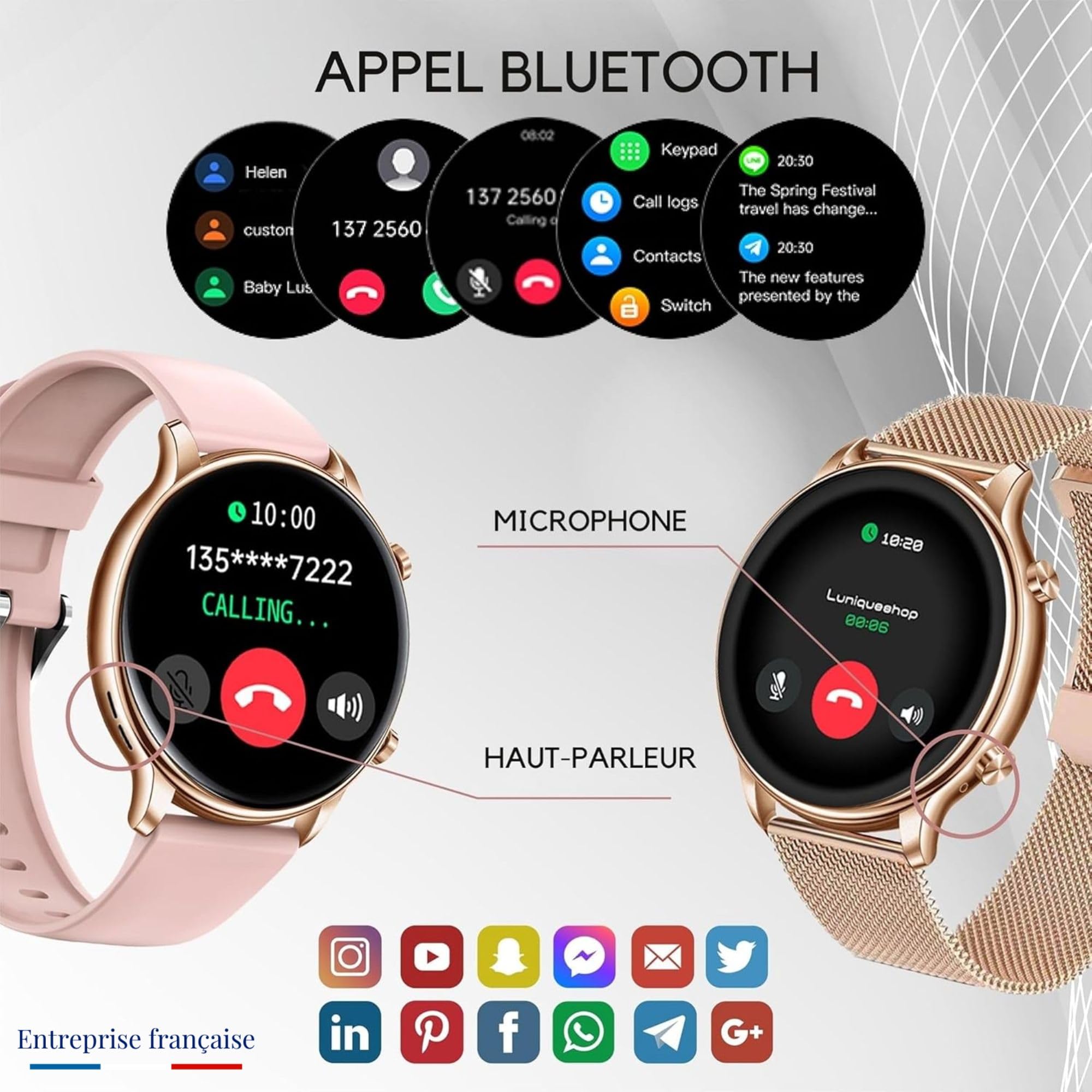 LSWATCH V2 Montre Connectée Femme avec Appel Bluetooth 1.6"- Smartwatch Oxygene Sanguin Tension Fréquence Cardiaque Podomètre Sommeil Météo 2 Bracelets Intelligent iOS Android +100 Sport
