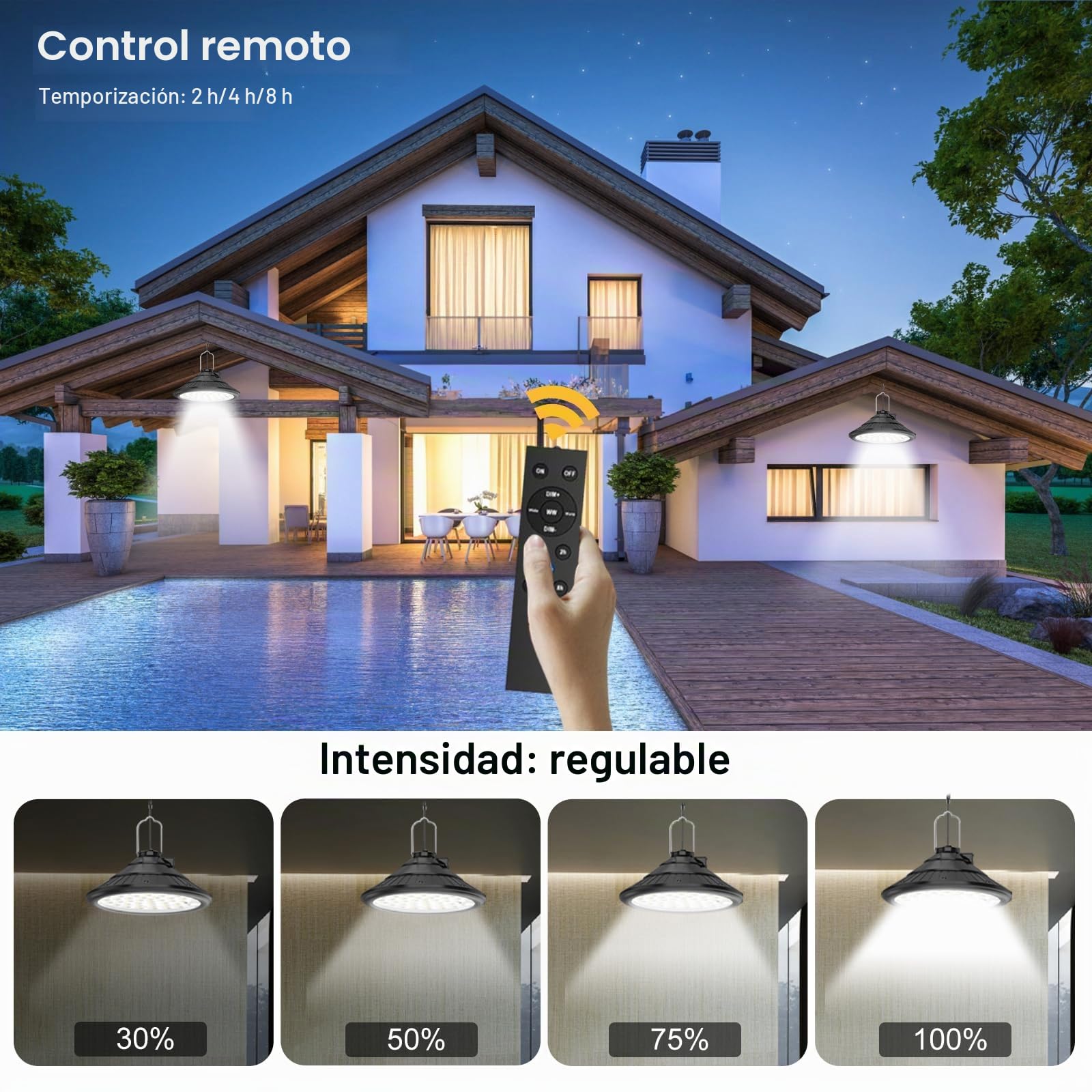 Lixada Lámparas solares para exterior e interior, IP66, resistentes al agua con mando a distancia, 3 temperaturas de color/4 modos, lámparas LED solares colgantes para granero, granja, jardín, patio