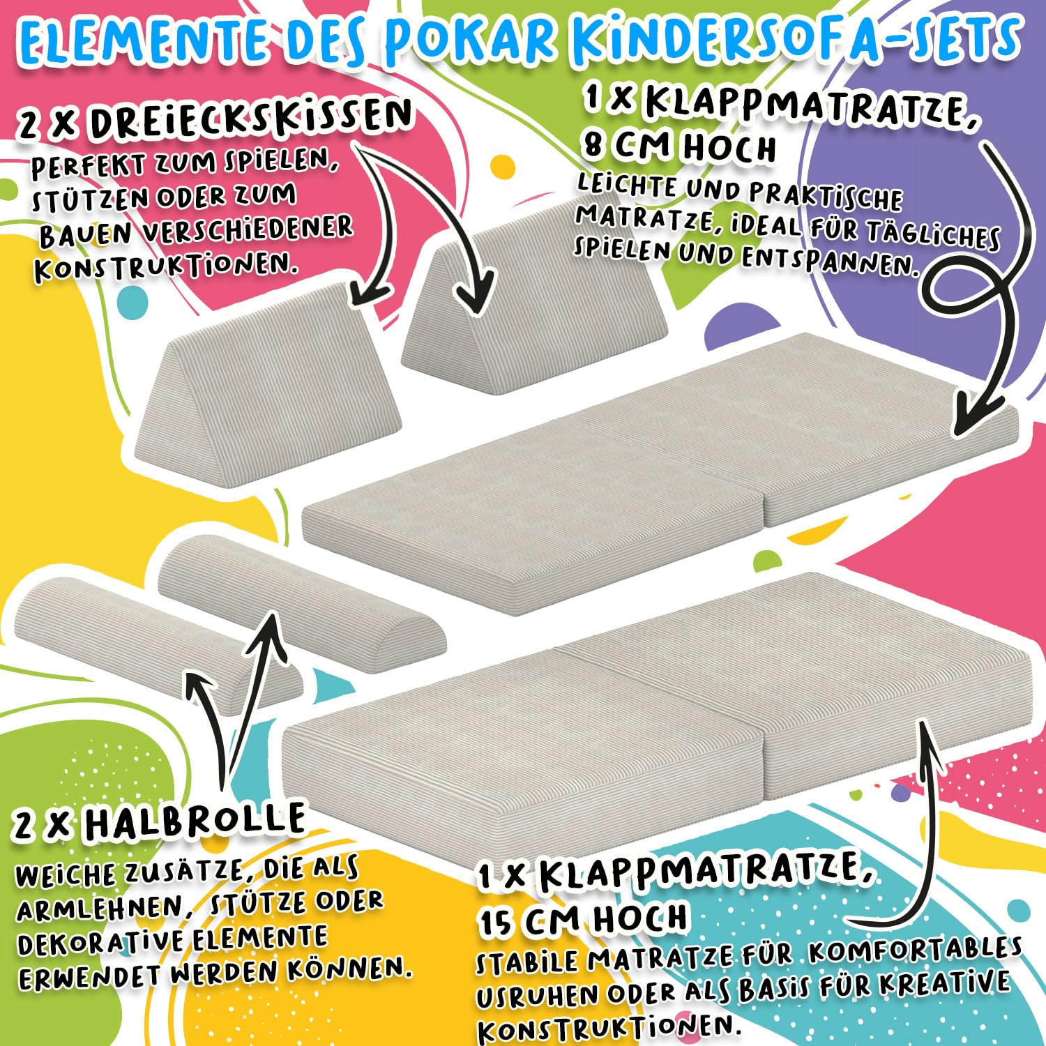 POKAR Kindersofa | Spielsofa Cord aus Schaumstoff Bausteinen | Modulares Spielsofa für Kinder | Kuschelecke im Kinderzimmer Kindercouch | Oeko-Tex 100 Zertifiziert | Warmer Karamell