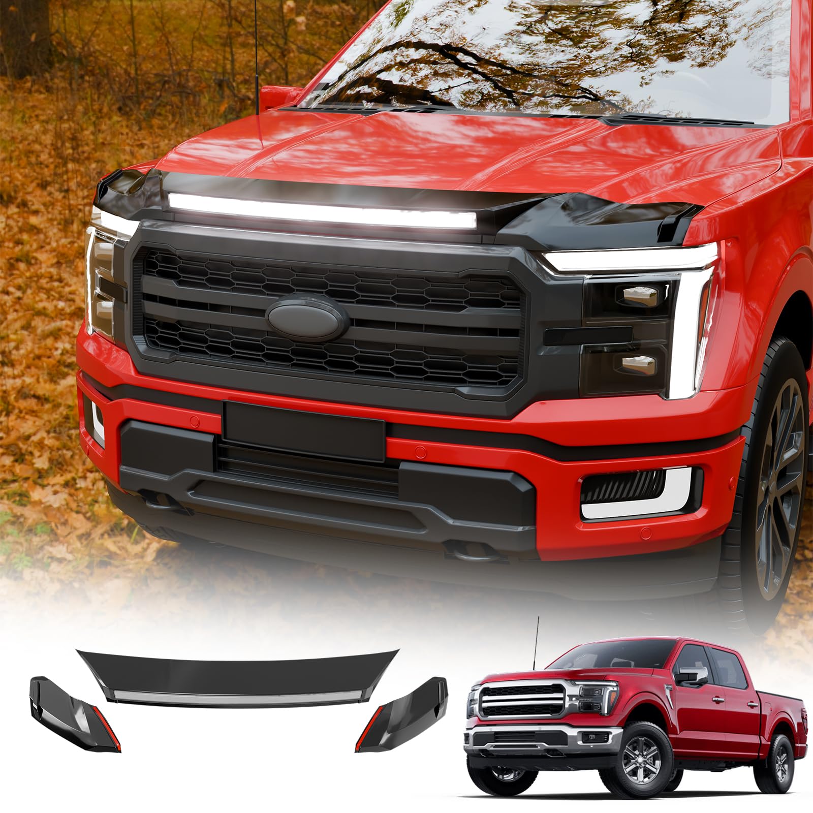 Maxzina ABS Hood Protector with LED Lights Compatible with 2021-2026 Ford F150 XL/STX/XLT/Lariat Hood Shield Bug Deflector 3-Piece Bonnet Guard for