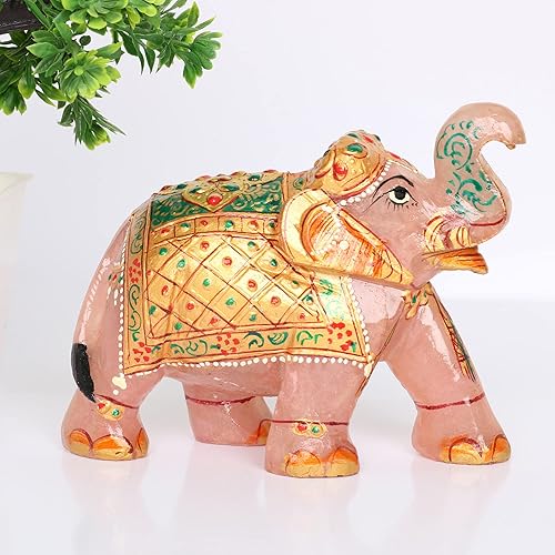 Miniatura 4 de REAL-GEMS Estatua de escultura de cristal de elefante de cuarzo rosa tallada a mano decorativa curativa Reiki figuras de piedras preciosas