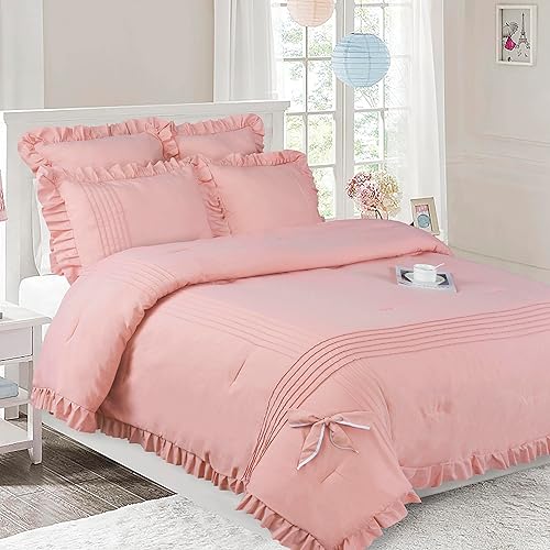 Bedream Juego de edredón Shabby Chic de color rosa polvo con lazo romántico juego de cama de 5 piezas hecho a mano con volantes para dormitorio ropa