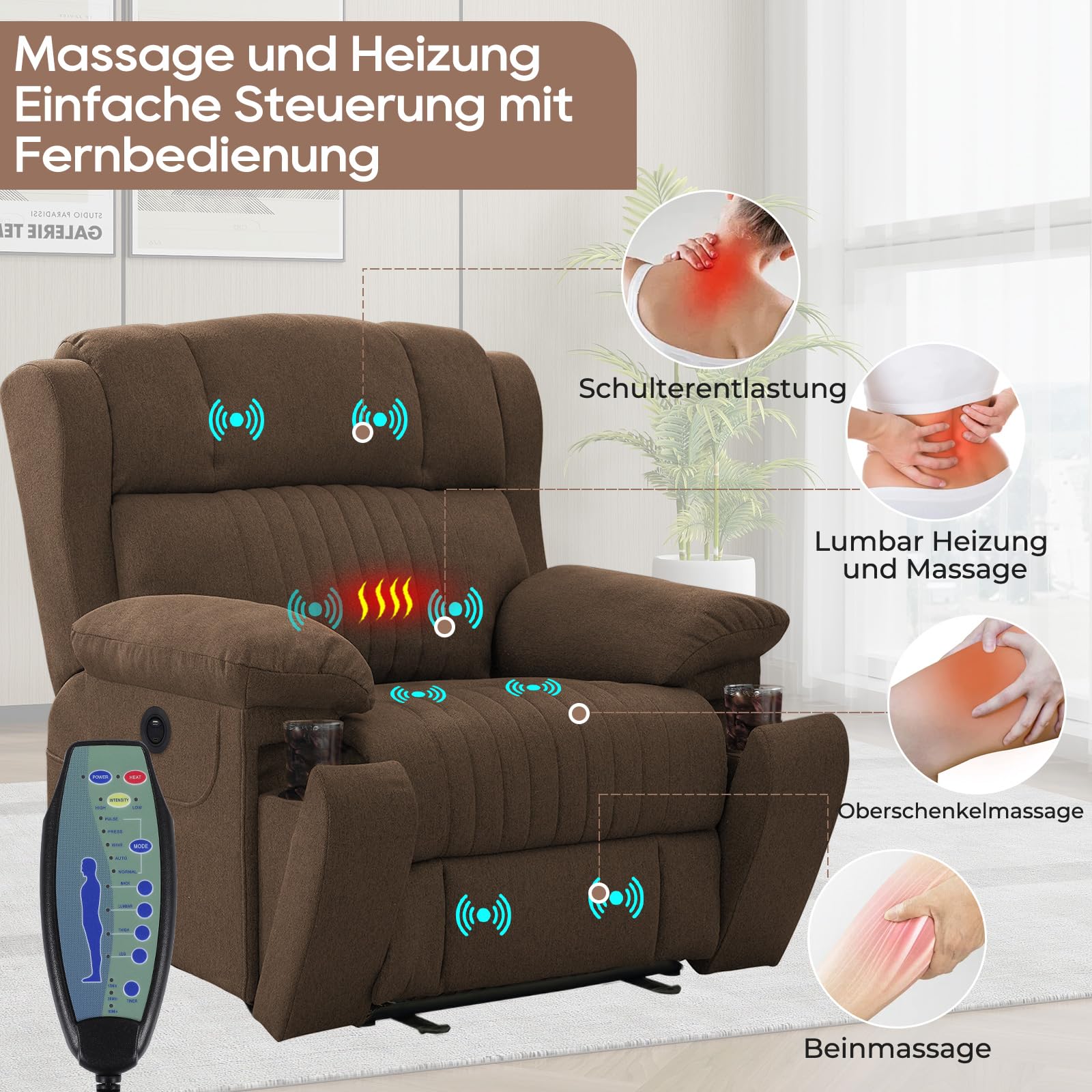 Fernsehsessel Elektrisch Verstellbar, Relaxsessel mit Liegefunktion, TV Sessel mit Massage & Wärmefunktion, Versteckte GeträNkehalter, Typ C & USB-AnschlüSse, bis 160 kg (Braun)