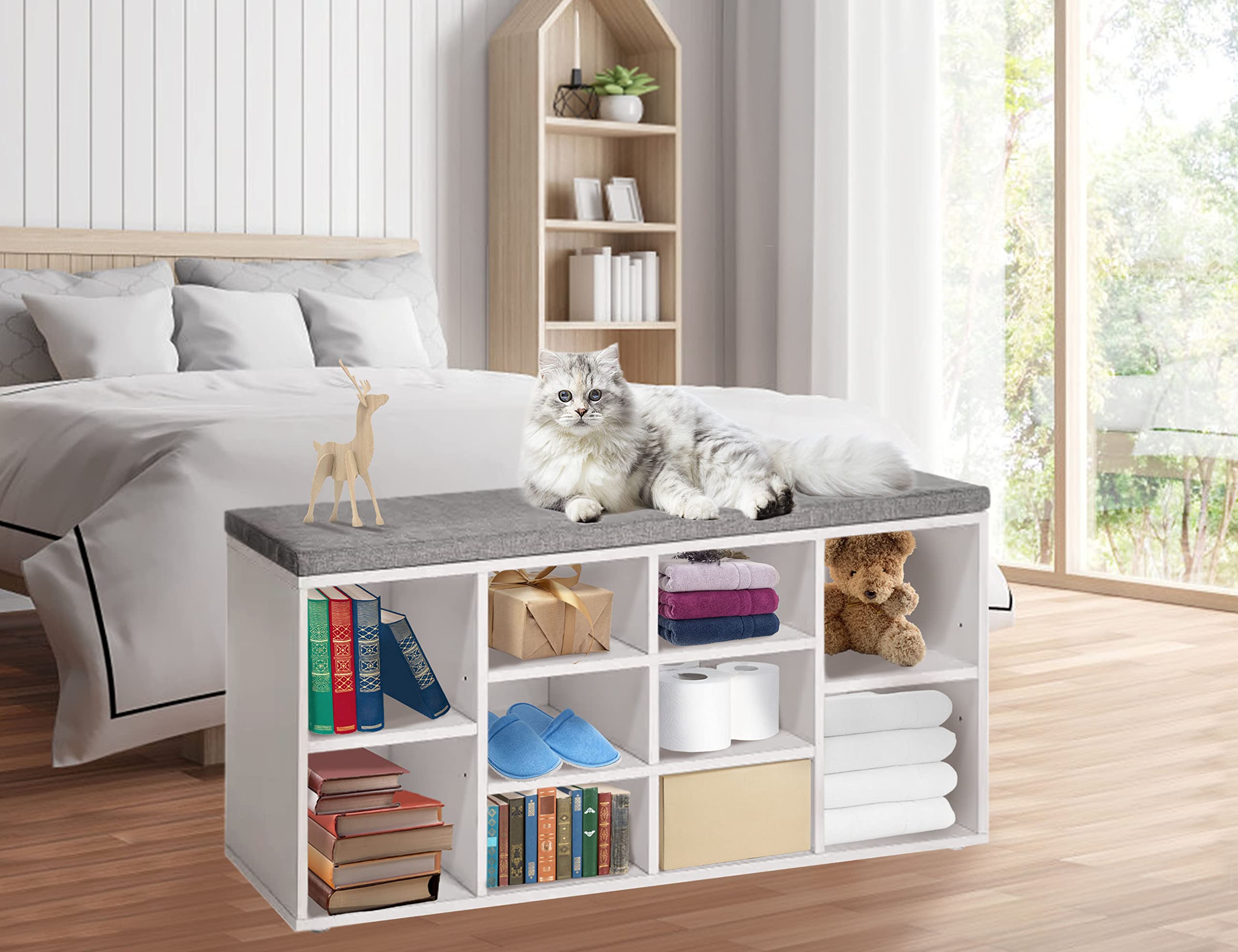 Shoe Bench Shoes Cabinet Entryway Bench,10 Compartments Adjustable Shelves Shoe Cabinet with 3-Tier and Seating Cushion for Entryway, Living Room,