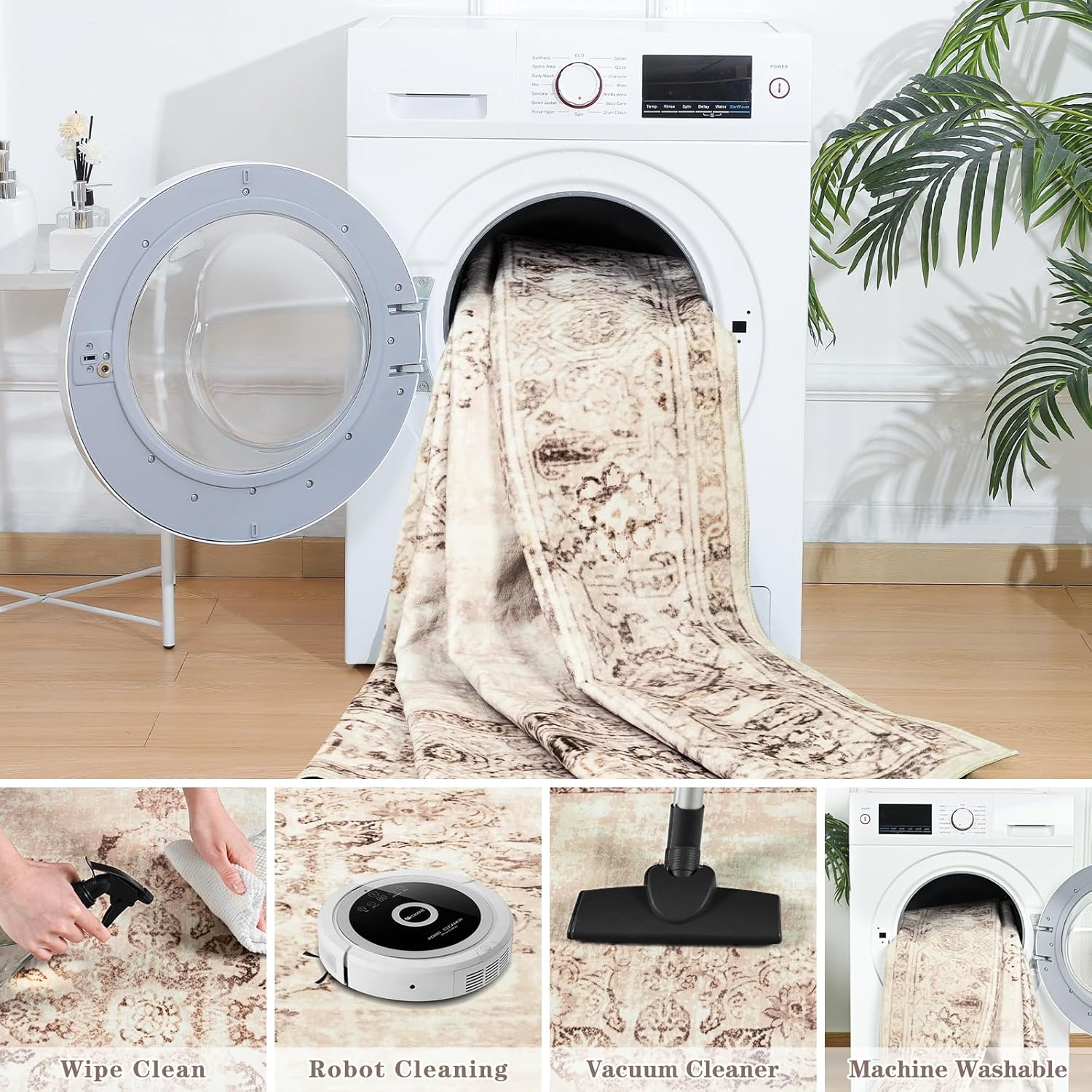 Area Rug 5x7, Washable Rug for Living Room, Large Area Rugs for Bedroom, Vintage Rug 5x7 for Dining Room, Non Slip Soft Low Pile Indoor Carpet for Kitchen, Nursery, Office, Farmhouse, Beige