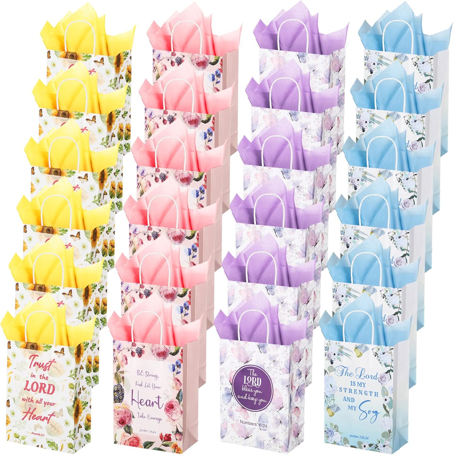 24 Pcs Valentine's Day Gift Bags with Tissues Bible Verse Butterflies Paper Party Favor Small Sunflower Goodie Wrapping Bags with Handles Cute Christian Gifts for Mother Women Wedding Birthday Party