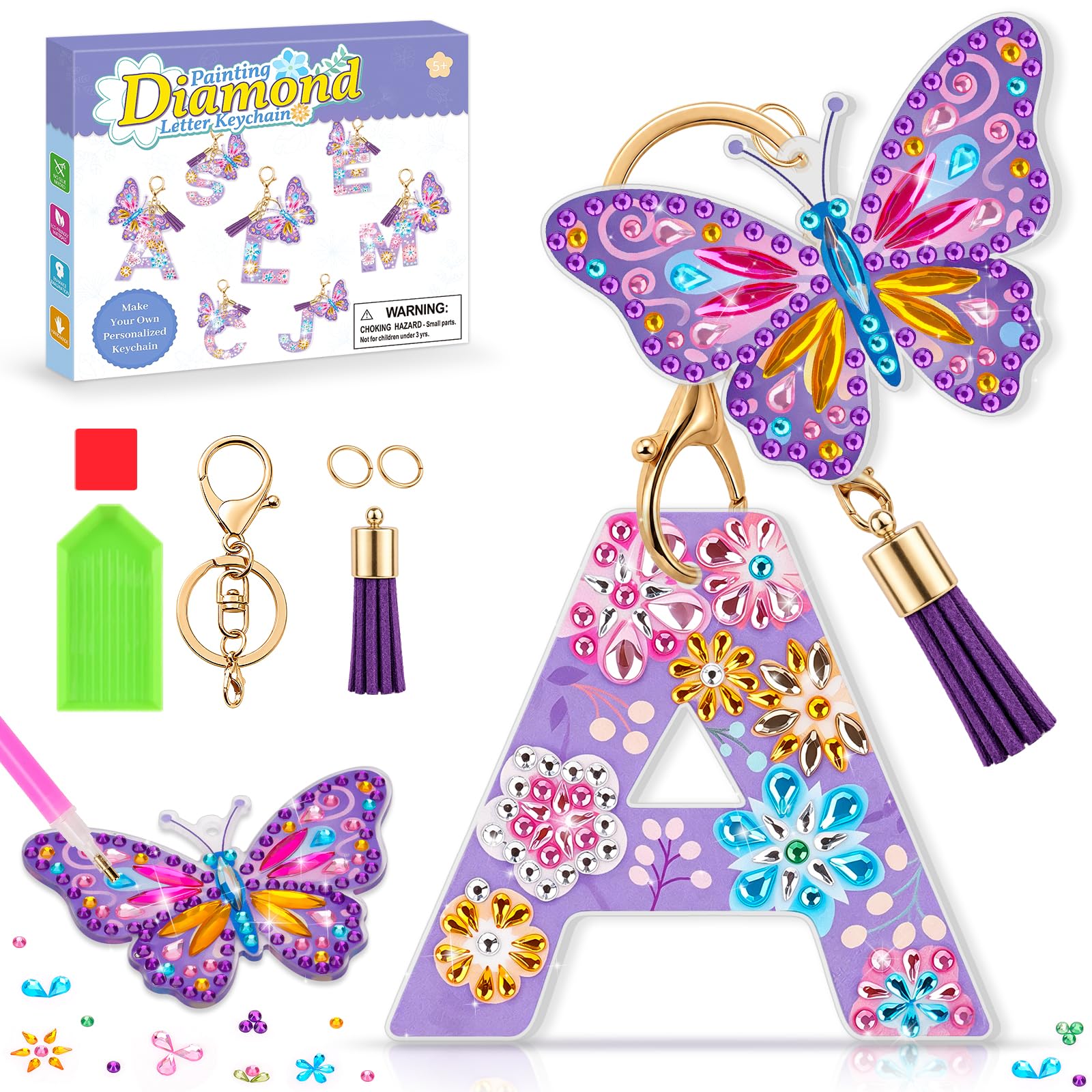 Geschenk Mädchen 5-6-7-8 Jahre Diamond Painting Kinder Buchstaben Anhänger | Basteln Mädchen 5 6 7 8 9 10 Jahre Schmetterling Bastelset Kinder 6-8 Jahre Schlüsselanhänger Geschenke für Mädchen Spielzeug