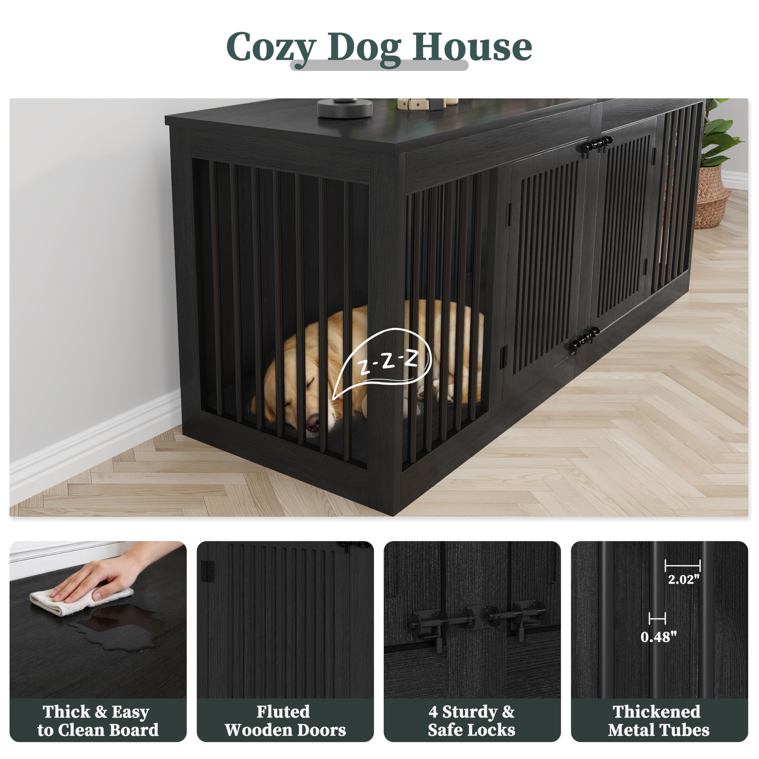 Hundekäfig Möbel für 2 Groß Hunde, 183cm Übergroß Hundebox für Zuhause mit Abnehmbare Trennwand und 2 Türen, Indoor Holz Hundekäfig als Beistelltisch & TV Schrank, 183x60x75cm, Dunkelgrau