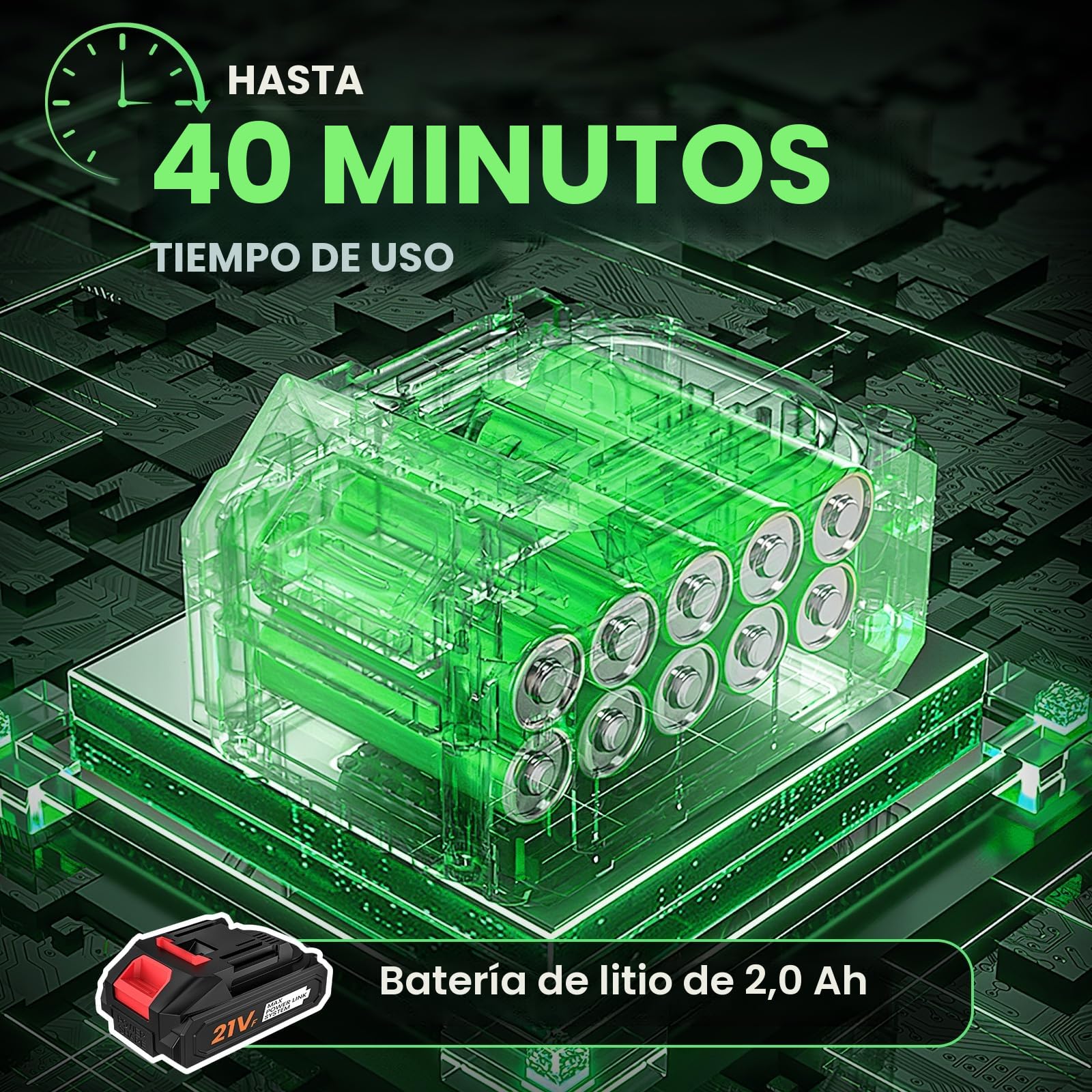 Desbrozadora Batería Plegable con Ruedas, Cortabordes Eléctrico 800W, 2 Baterías 21V (Compatible Makita 18V), 4 en 1, 13 Accesorios, Cabezal 90° y Mango Ajustable, para Jardín Césped (Verde)