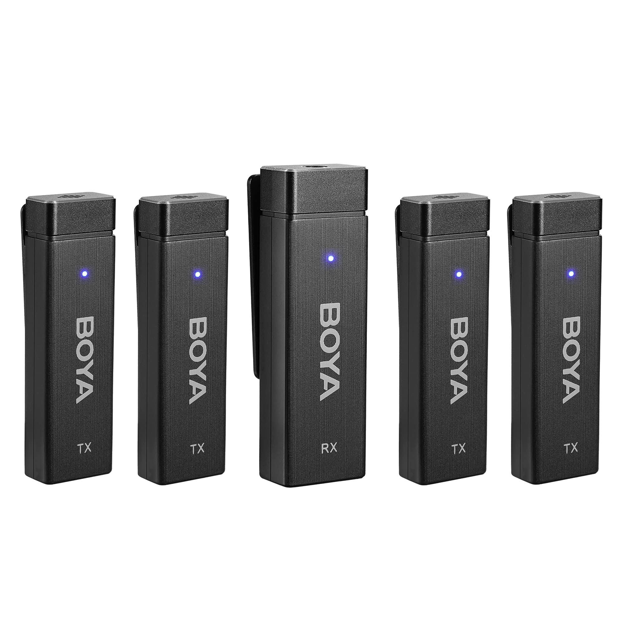 BOYA by-W4 - Microfono lavalier wireless a 4 canali, per 4 persone, mini microfono wireless con risvolto con cancellazione del rumore e monitoraggio in tempo reale per YouTube Vlog interviste
