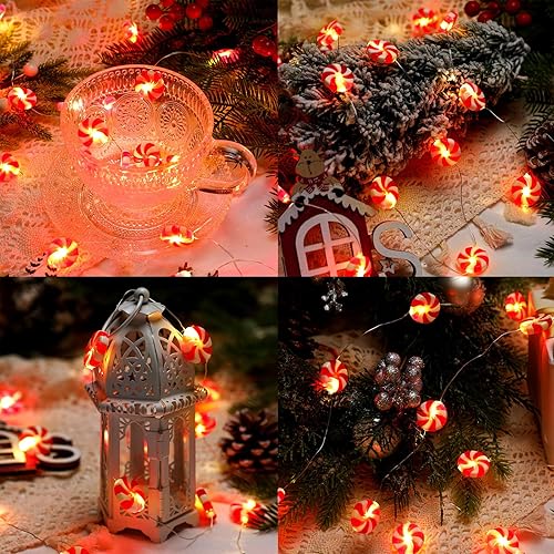 Miniatura 2 de Bencailor Paquete de 3 tiras de luces de caramelo de Navidad para árbol de Navidad, luces decorativas de piruleta roja, luces colgantes en árbol,