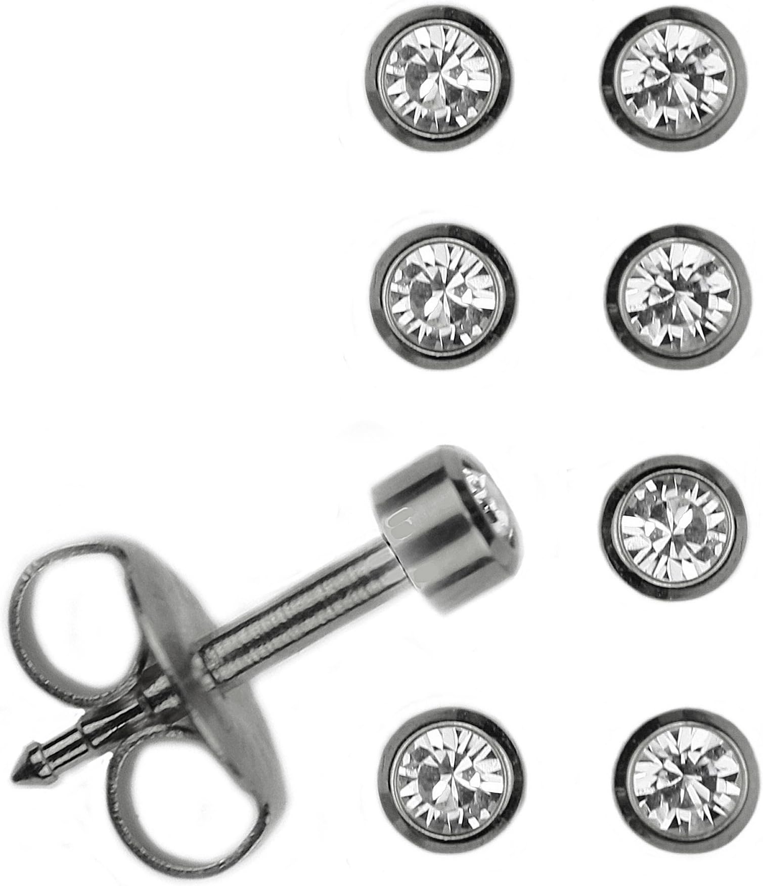 Set Of 4 Pairs Mini Surgical Stainless Steel April RD2.0mm Bezel Setting Stud Earrings
