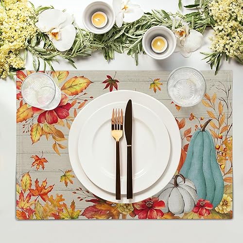 Miniatura 10 de Juego de 4 manteles individuales de eucalipto primaveral, 12 x 18 pulgadas, hojas verdes salvia, mariposa, vintage, rústico, para verano, temporada,