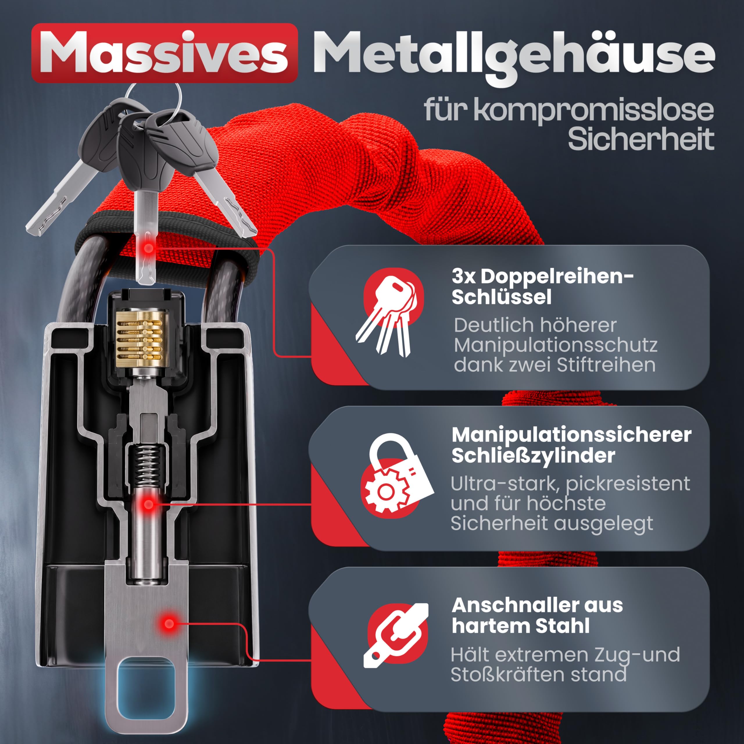 HELDENWERK® Artiglio volante per auto e camper in metallo – Misura universale – Blocco volante con corda d'acciaio spessa – Immobilizzatore antifurto con 3 chiavi di sicurezza (rosso)