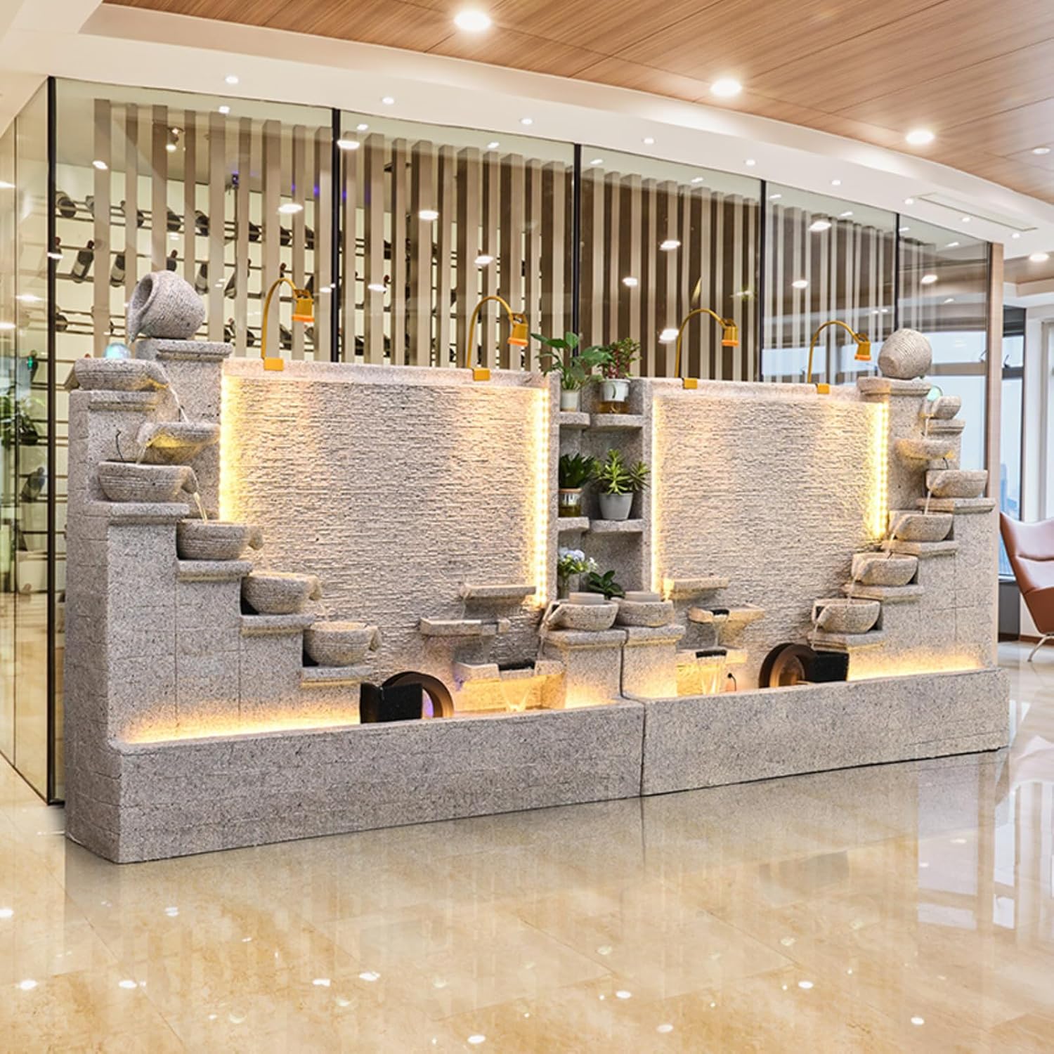 5.8ft Wide Premium Ivory White Cement Waterfall Fountain Set with LED Lights & Planter Slots for Indoor & Outdoor Use | Left, Right, or Full Set Options | Durable Stone-Like Finish (Left)(Left+Right)